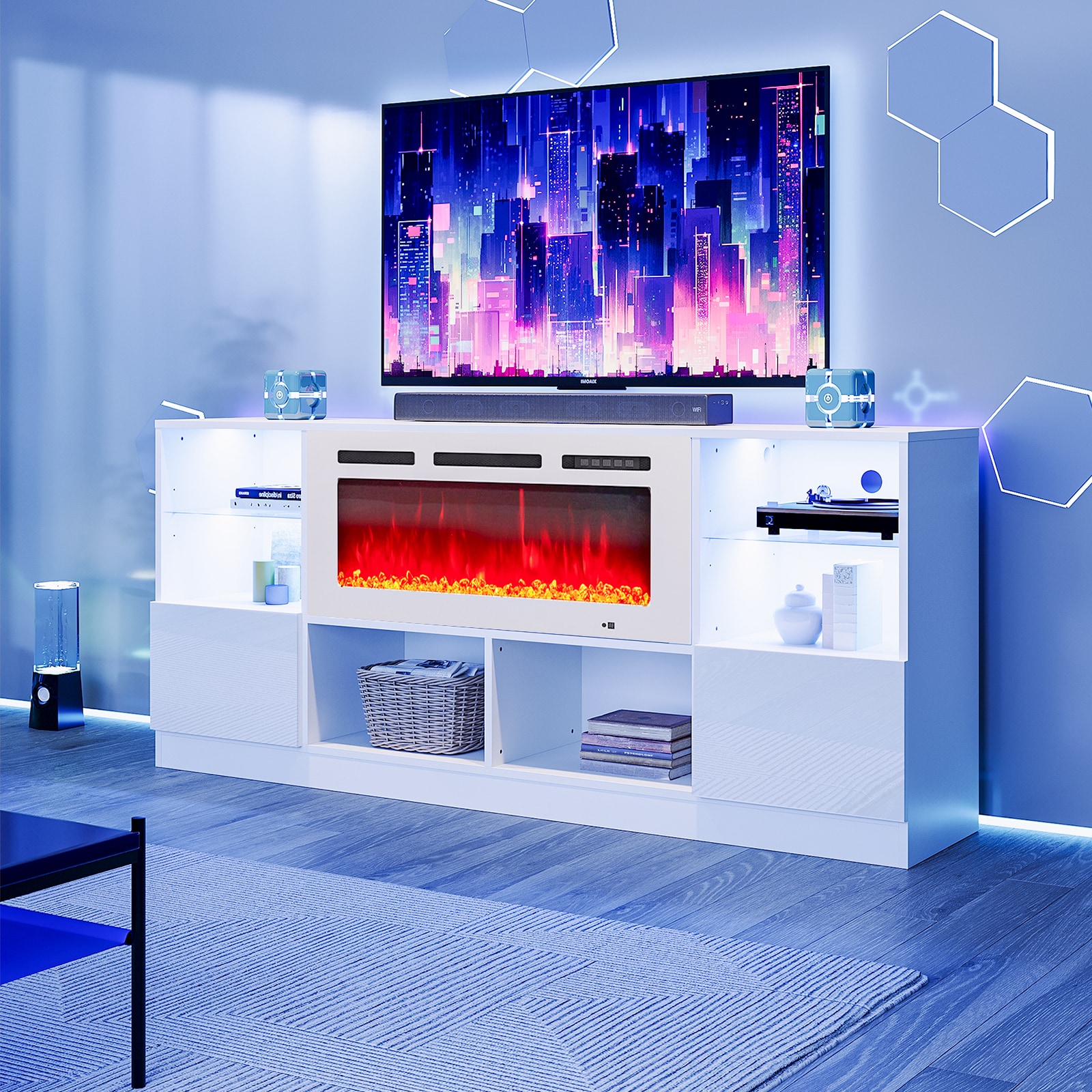 Bapipro TE07A307W 68-in W White TV Stand with Infrared quartz Flat wall Electric Fireplace with Remote Control Included