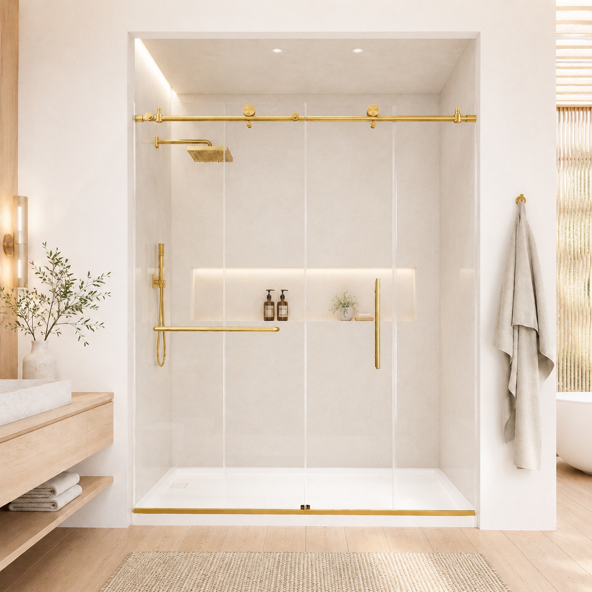 Vorene 56-60-in x 76-in Frameless Sliding Shower Door Round Rail Brushed Gold