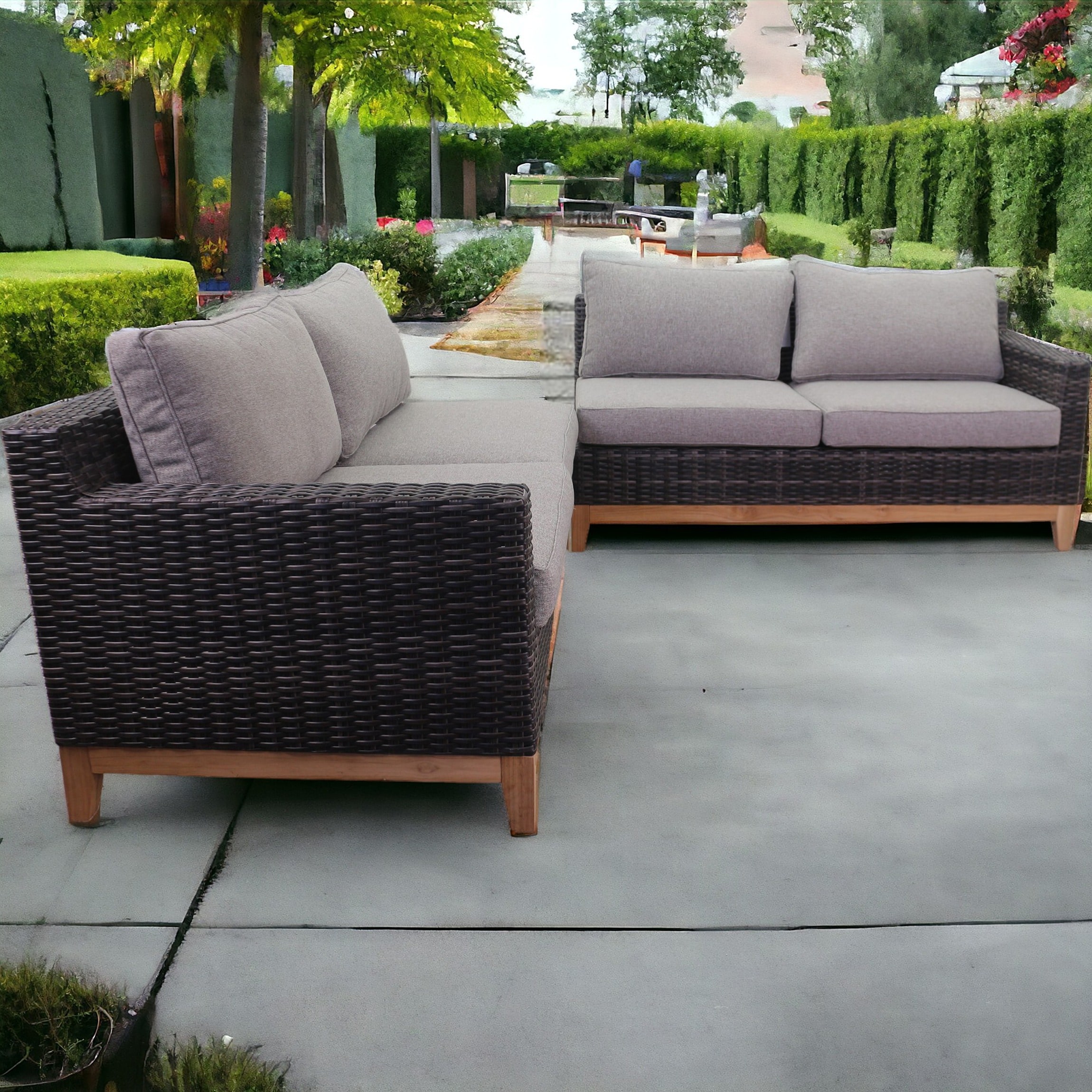 Courtyard Casual 5847 Maywood Wicker Outdoor Loveseat with Gray Cushions and Wicker Frame