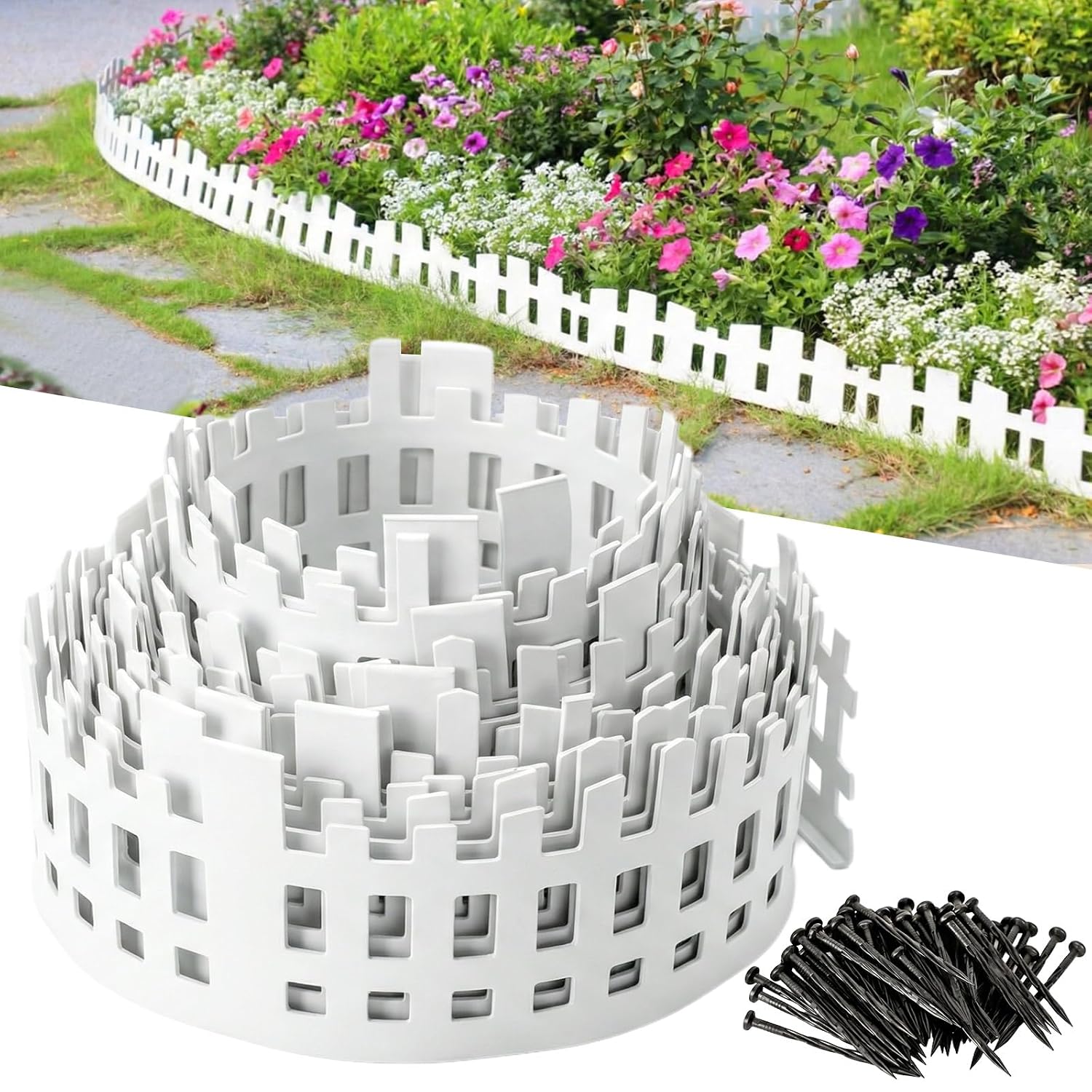 FunFanso 40 ft Plastic Landscape Edging Border Kit 5 in Tall with 72 Stakes for Flower Beds Pathways and Lawn