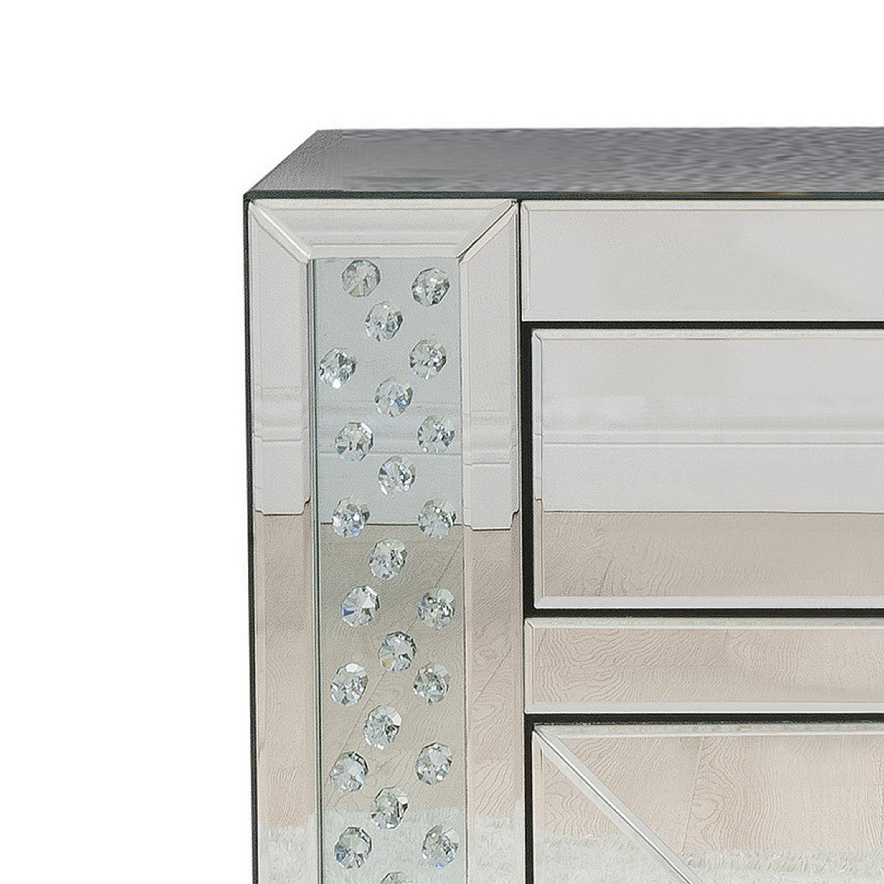 Sleek Silver Wood & Mirrored Nightstand with Crystal Knobs