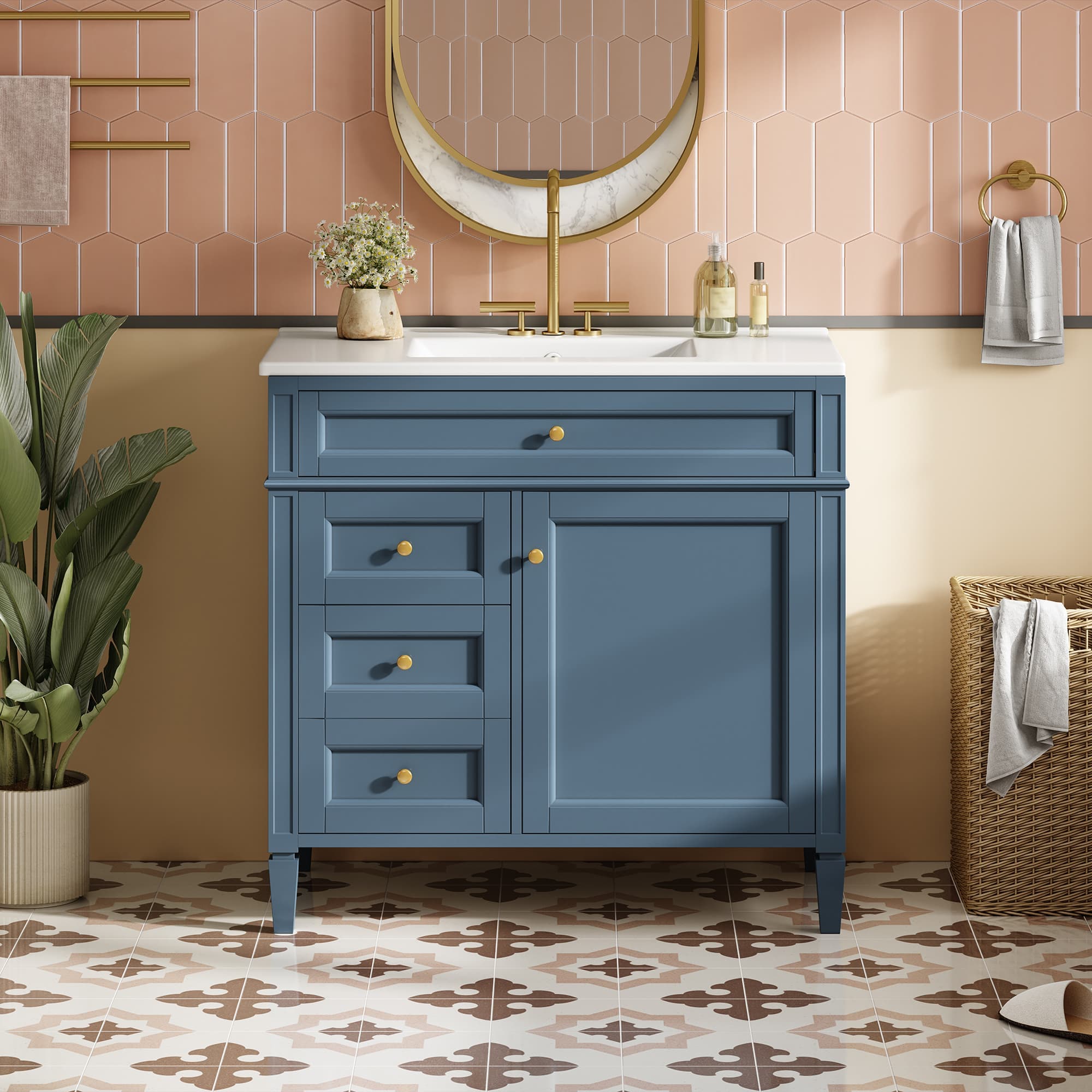 Urcari☆ Vynxaria 36 Inch Indigo Blue Modern Bathroom Vanity with