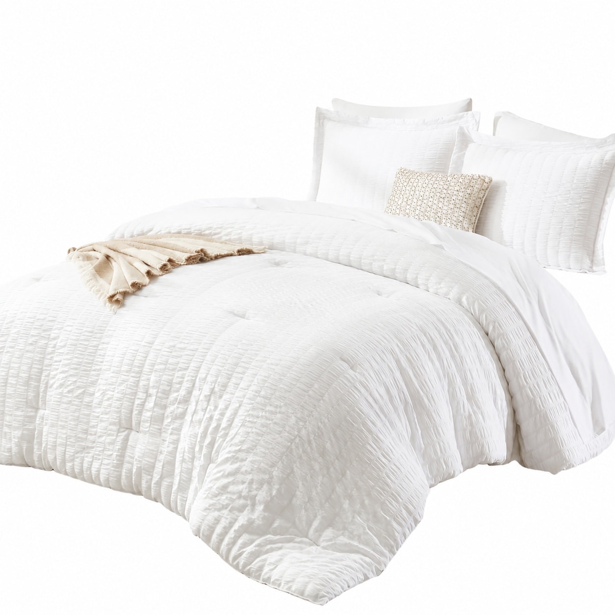 Etokfoks  White Seersucker Queen 7 Piece Comforter Set with Sheets Pillowcases and Shams for Bedroom