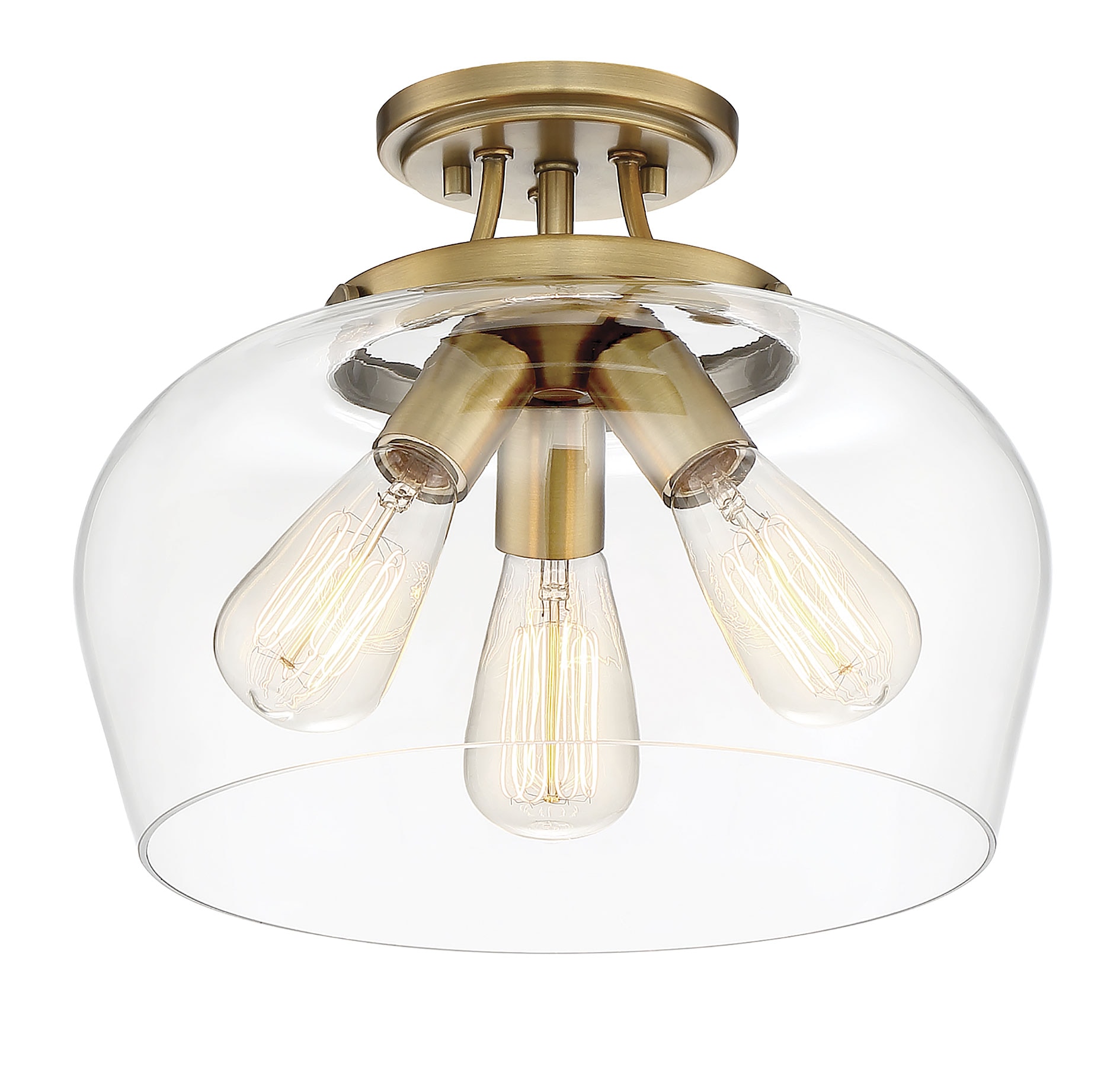 Elegant Warm Brass 3-Light Semi-Flush Mount with Curved Glass Shade