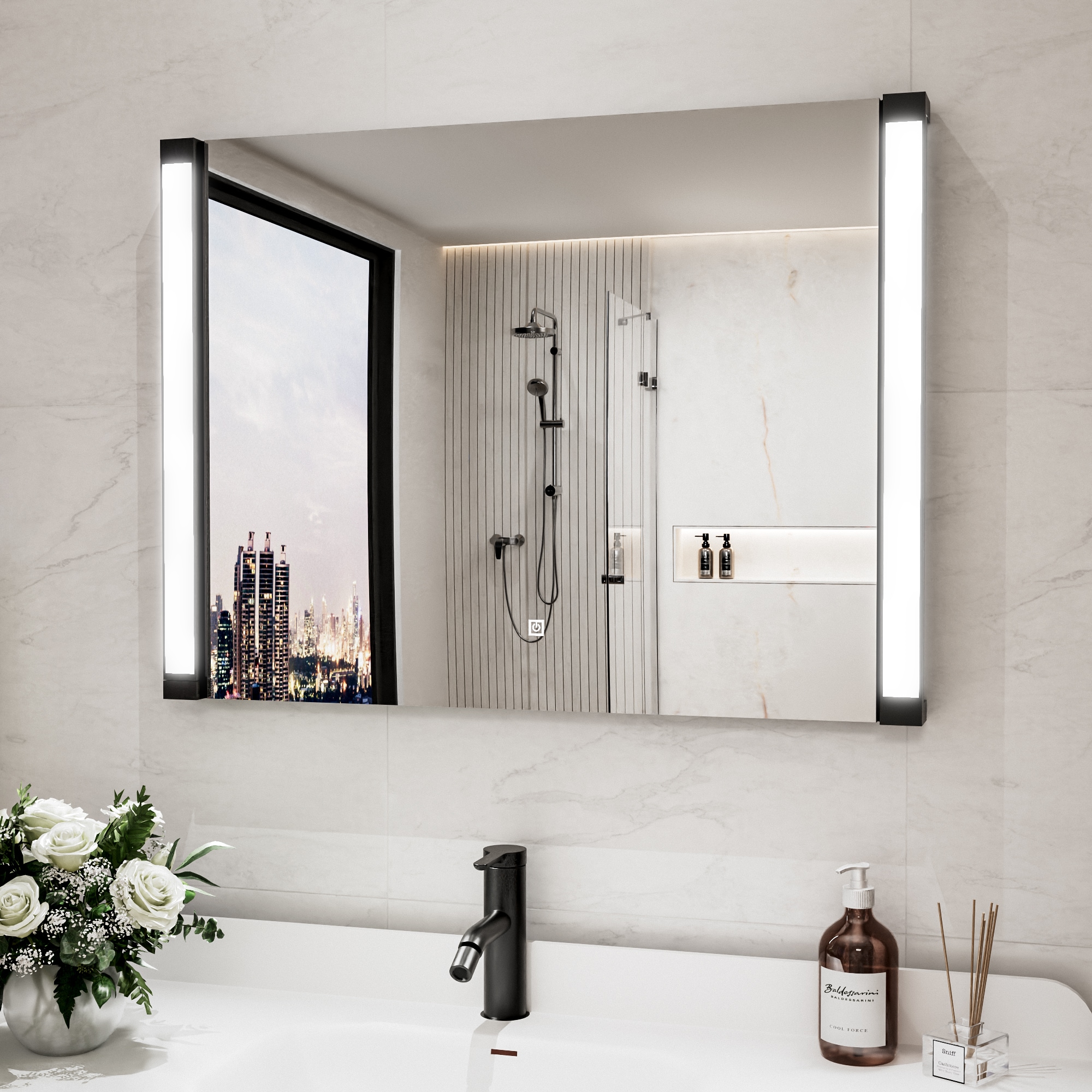 WELLFOR HH LED Mirror 32-in x 24-in Polished Rectangle Dimmable Lighted Bathroom Vanity Mirror ( Black )