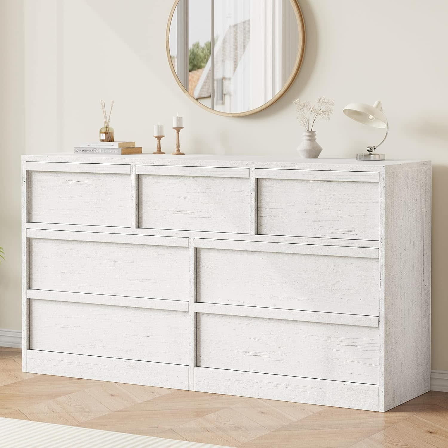 Qeetex LHF-DG-PHO-16JWVPR8 7 Drawer Dresser for Bedroom - Modern Double Dresser Organizer with 7 Drawers Large Storage - Wooden Chest of Drawers for Bedroom/Living Room/Nursery - White