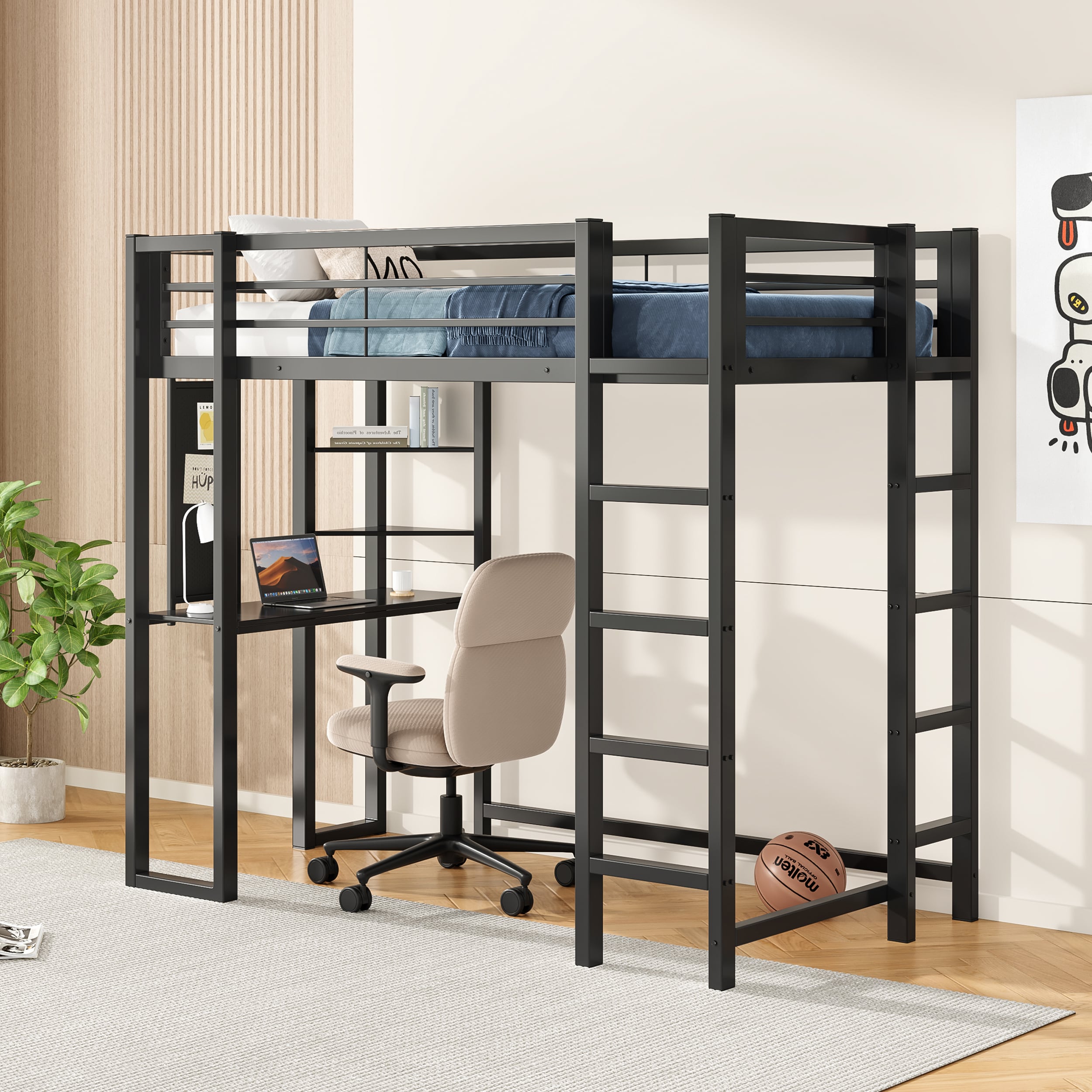 LOVMOR Loft Bed with Desk Metal Loft Bed Twin Size Loft Bed Frame with Desk and Storage Compatible with Boys Girls Teens Black Bedroom Bed Frame