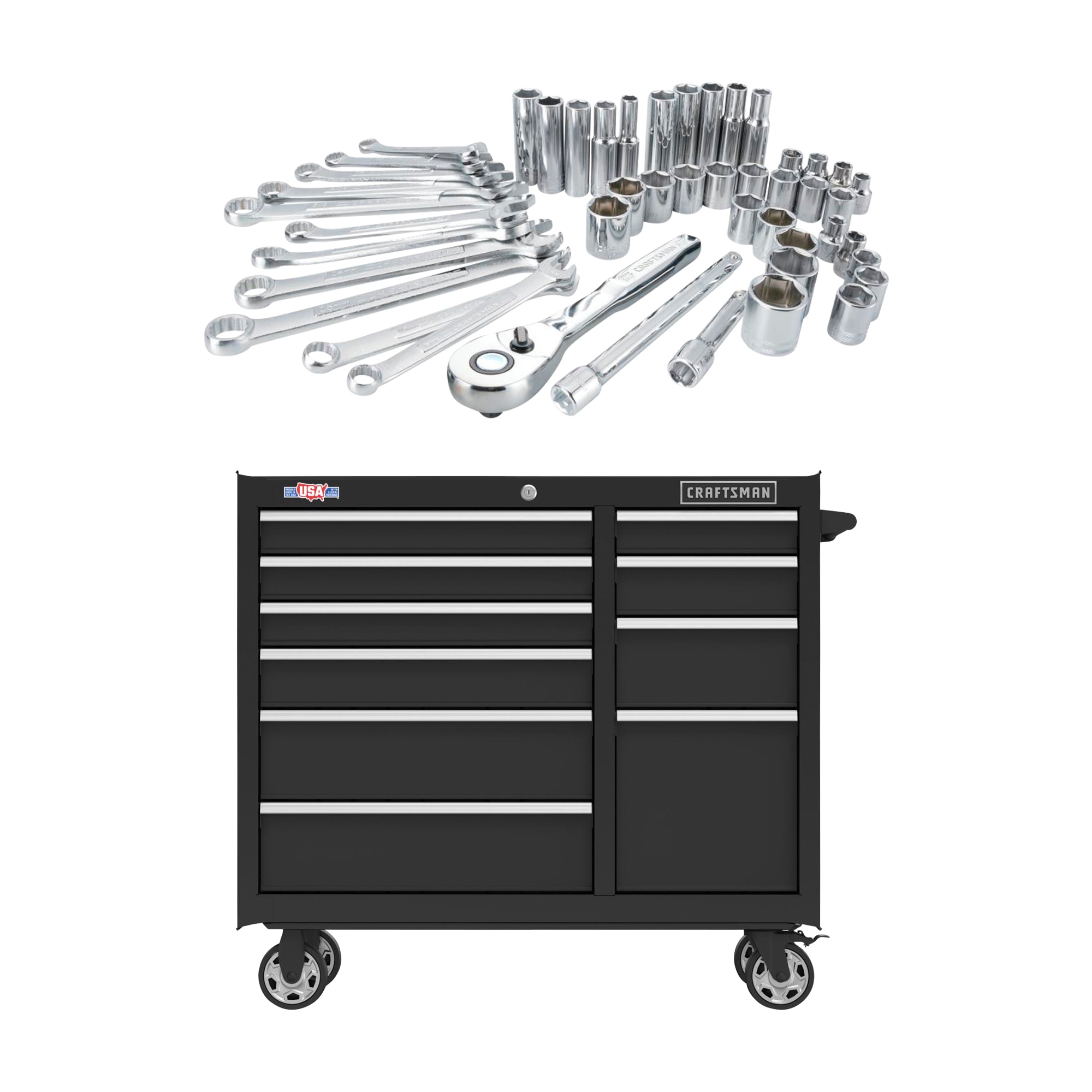 CRAFTSMAN 2000 Series 41-in W x 37.5-in H 10-Drawer Steel Rolling Tool Cabinet (Black) & 47-Piece Standard (SAE) and Metric Combination Polished