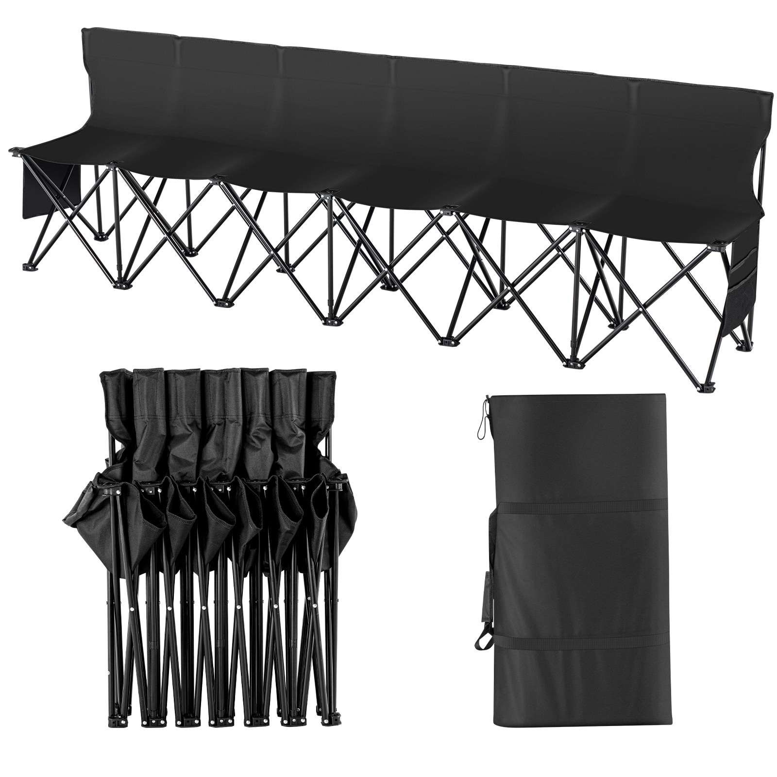 VEVOR SCBKZDYDZYDK05233V0 Portable Folding Bench  6 Seats Foldable Sideline Bench  Outdoor Camping Bench Chair with Carry Bag and Backrest  Team Sport Sideline Bench for Football Fishing  No Assembly Instant Seating  Black