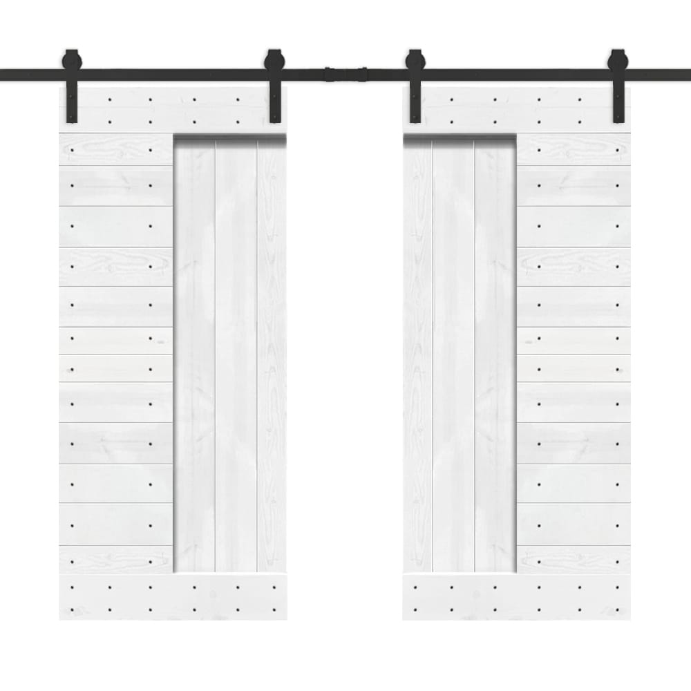 CALHOME MK-72(2+N2-24WT(2+CN 48-in x 84-in White Pine Wood Solid core Double Barn Door (Hardware Included)
