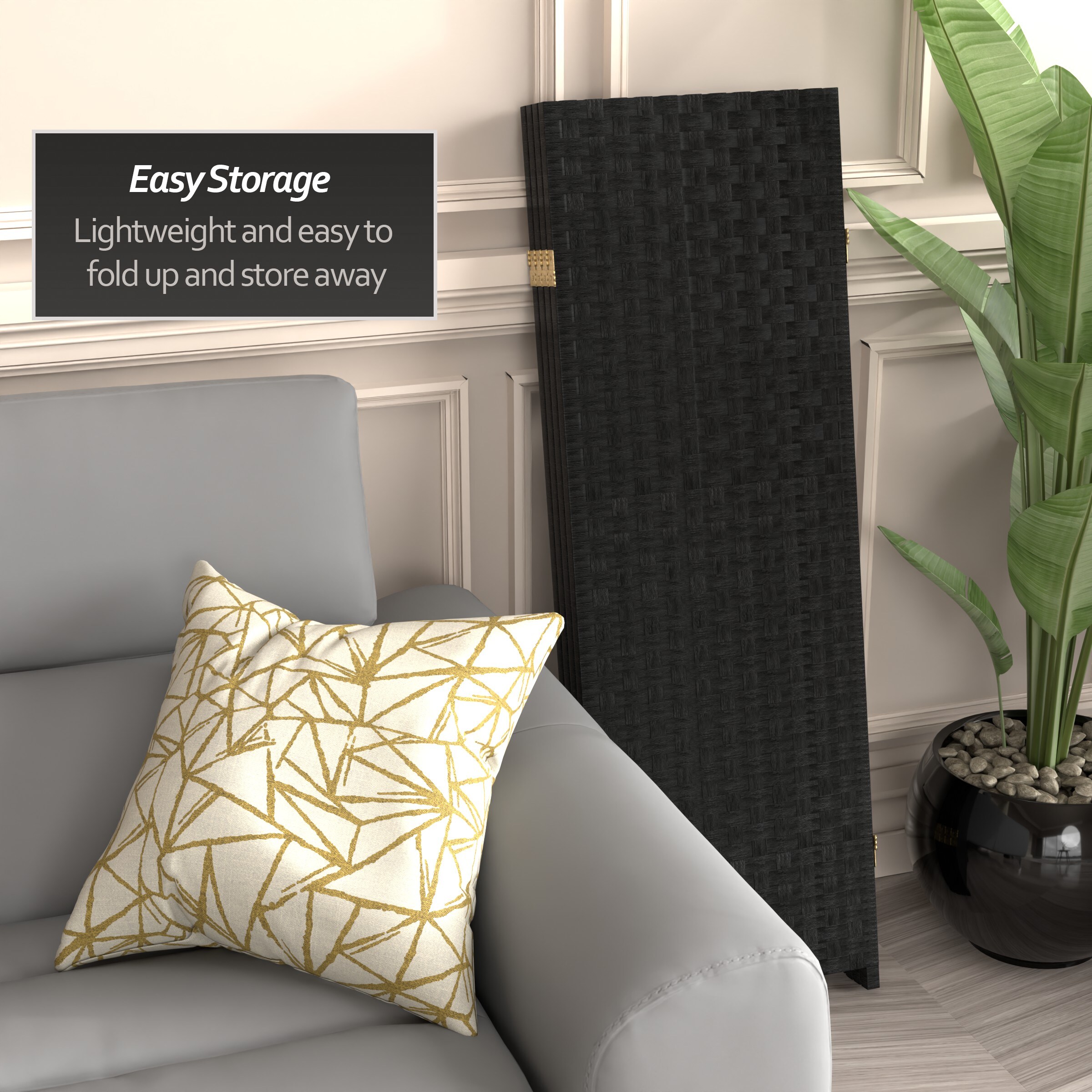 Oriental Furniture 4-Panel Black Wood Folding Transitional Style