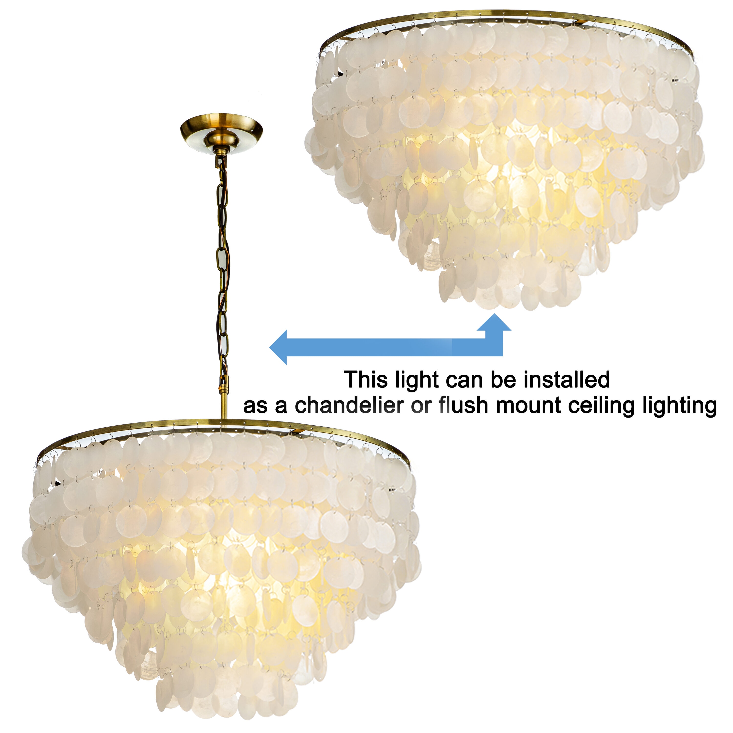 Antique Gold Coastal Capiz Shell Tiered Flush Mount Light