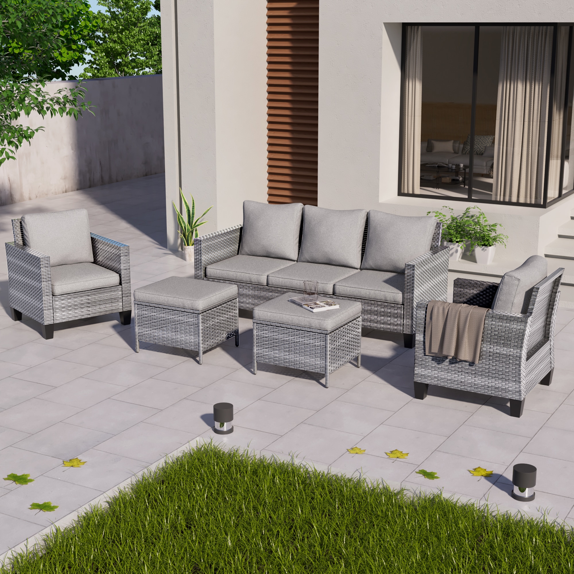 ACEGOSES LW-115HLY-T3 5 -Piece Wicker Patio Sofa Conversation Set with Gray Cushions