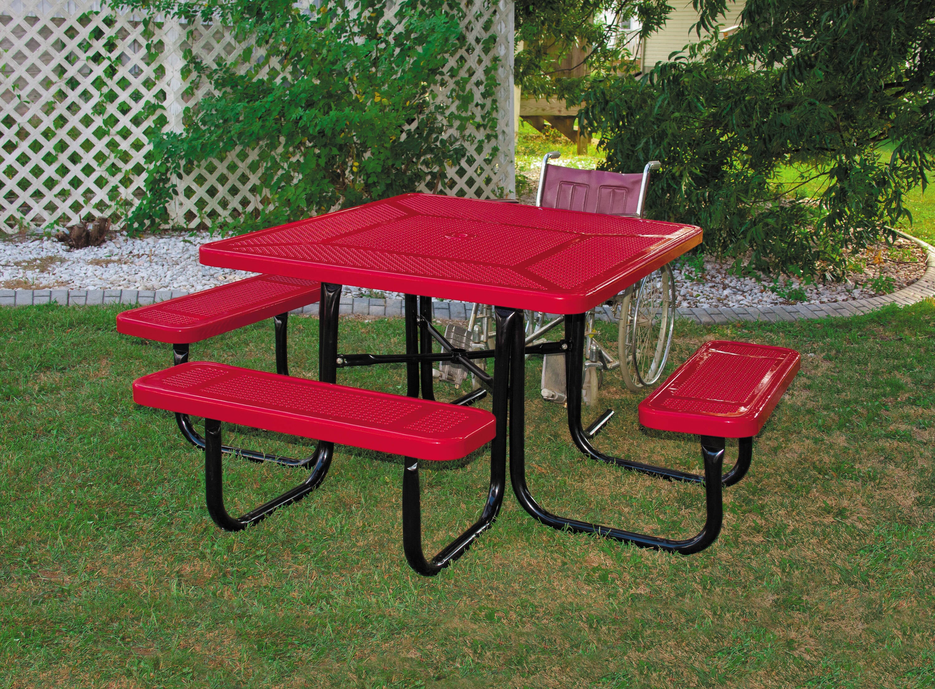 Red and Black Steel Square Outdoor Picnic Table with Attached Benches