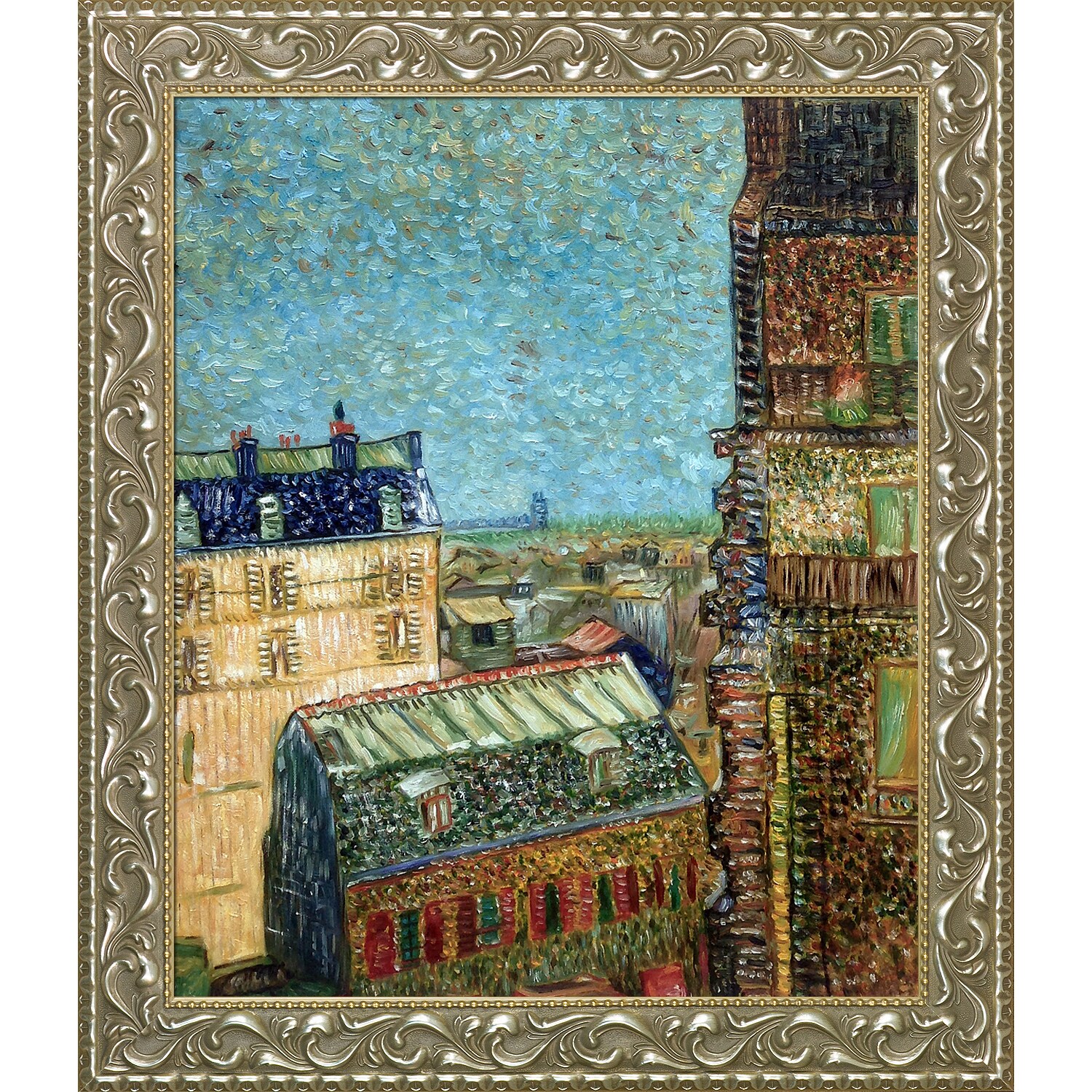 La Pastiche 688576507422 View of Paris from Vincent's Room in the Rue Lepic, 1887 Vincent Van Gogh Silver/Gold Wood Framed 25.5-Inches H x 29.5-Inches W Cityscape Canvas Hand-Painted Painting