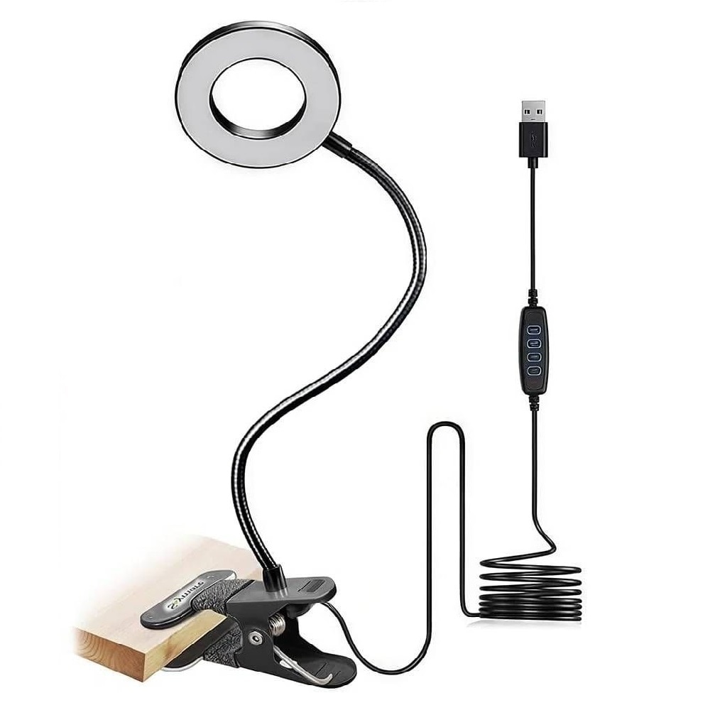 Slickblue LED Ring Clip On Desk Lamp (18.9 Inch) Adjustable Black In Line Switch Desk Lamp with 3 Color Modes and 10 Brightness Levels for Reading Desk Bed Office