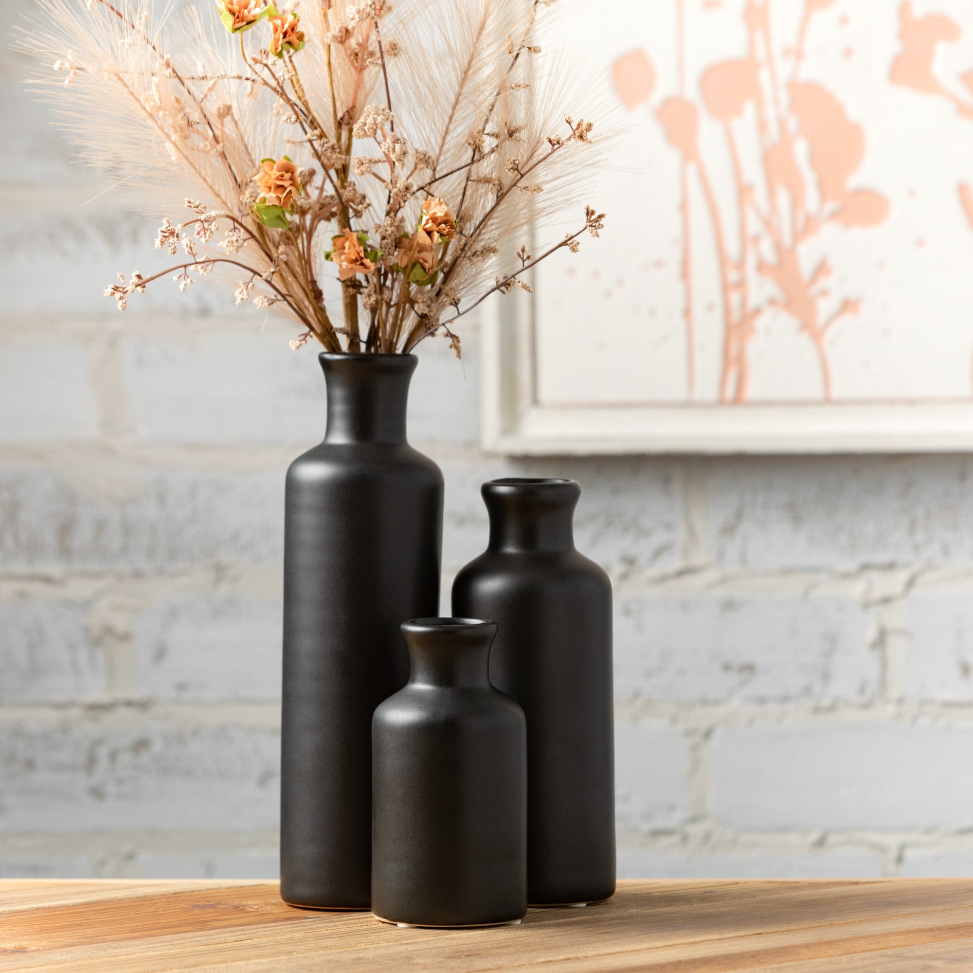 Modern Matte Black Ceramic Vase Trio for Elegant Table Decor