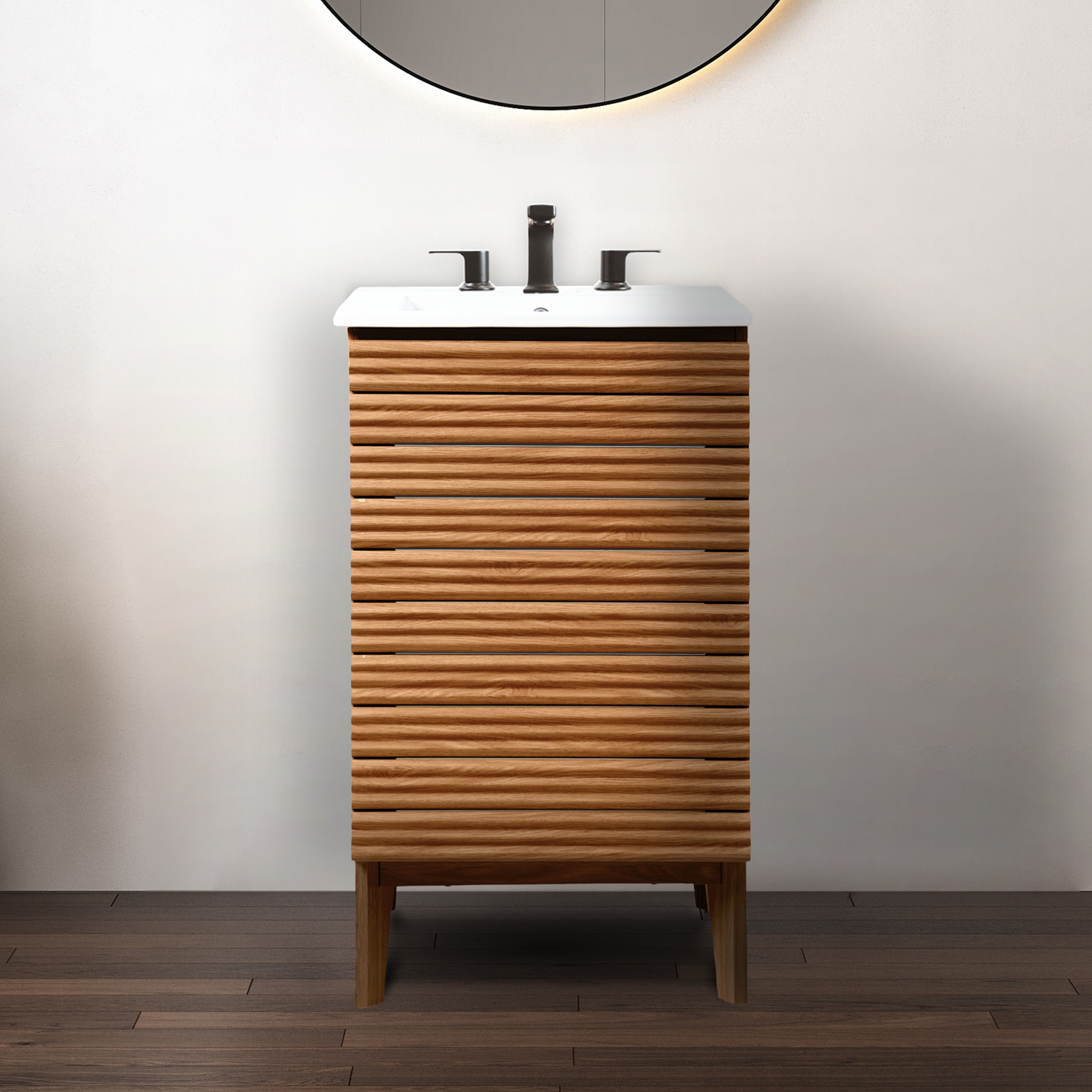 JONATHAN  Y VAN1004B Calandre Thin Linear Slat Modern Farmhouse 20-in Walnut Bathroom Vanity Base Cabinet without Top