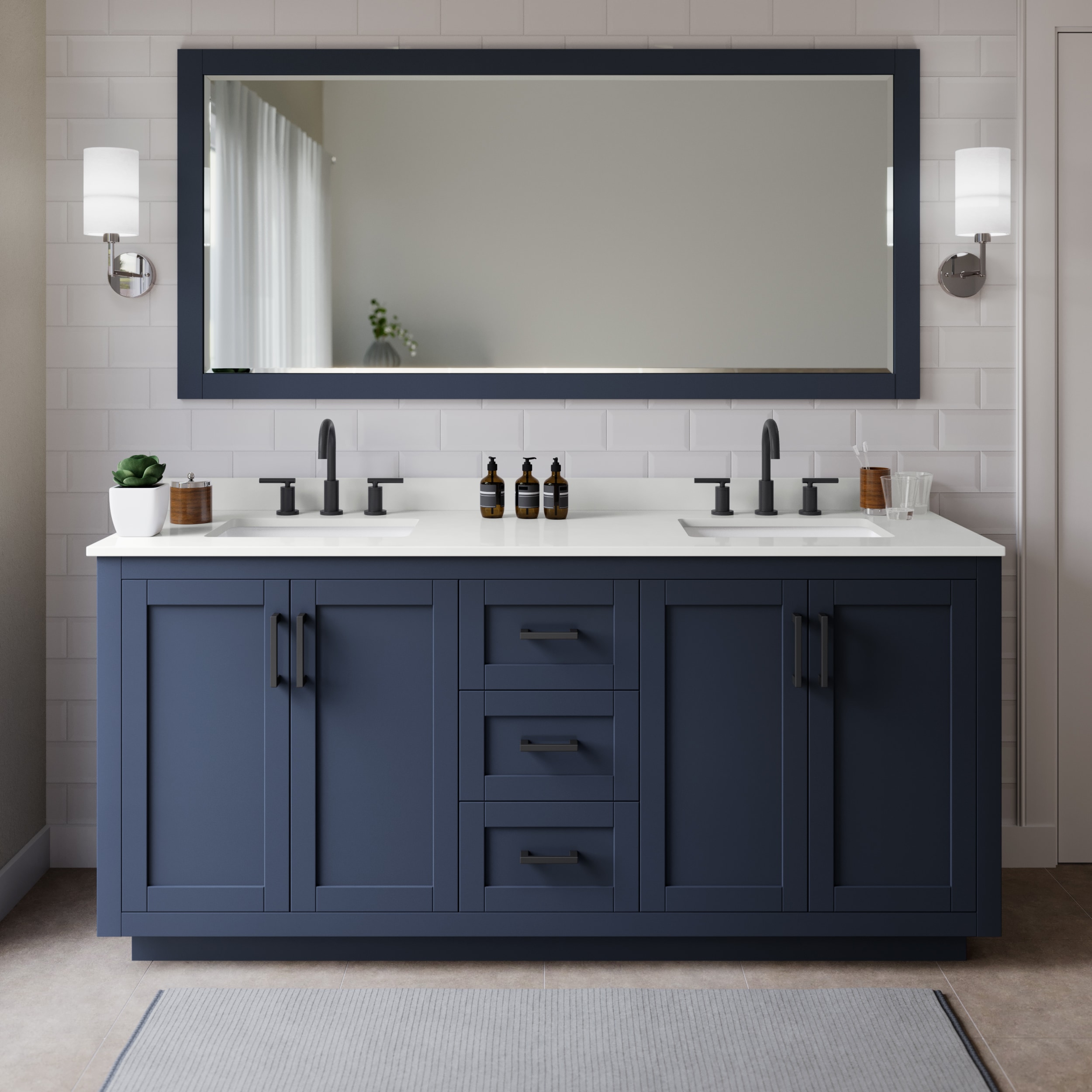Wyndham Collection WCF292972DBBWQUS3MXX Miranda 72-in Dark Blue Undermount Double Sink Bathroom Vanity with White Quartz Top