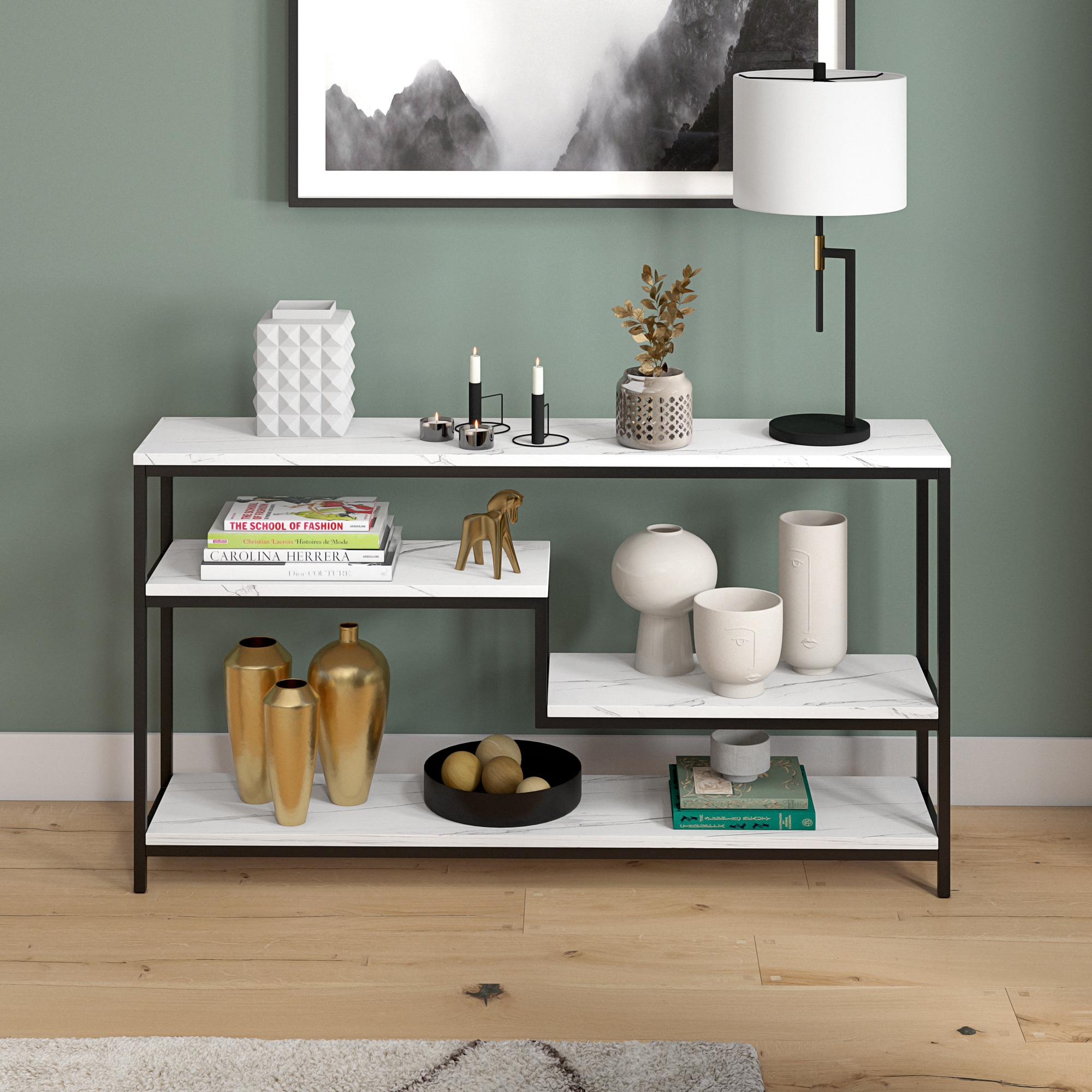 Mid-Century Glam 55" Blackened Bronze Console Table with Faux Marble Top