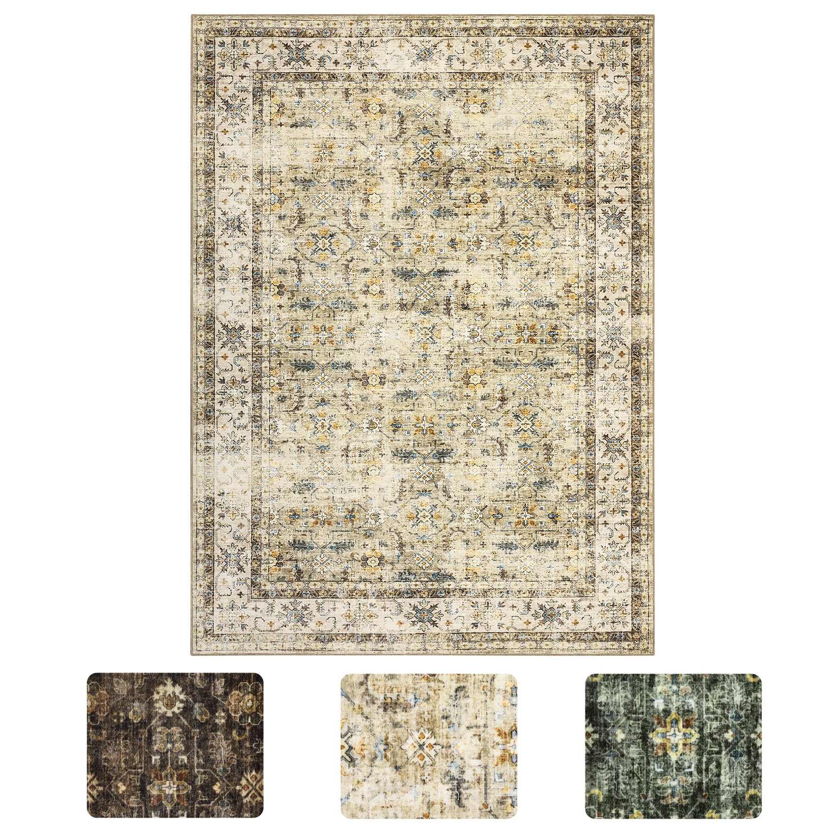 Qeetex LSN-PHO-34DWPTLU 8 x 10 ft Polyester Cashmere Imitation Beige Brown Rectangular Hallway Bathroom Entryway Kitchen Office Foldable Flower Printed Persian Washable Area Rug