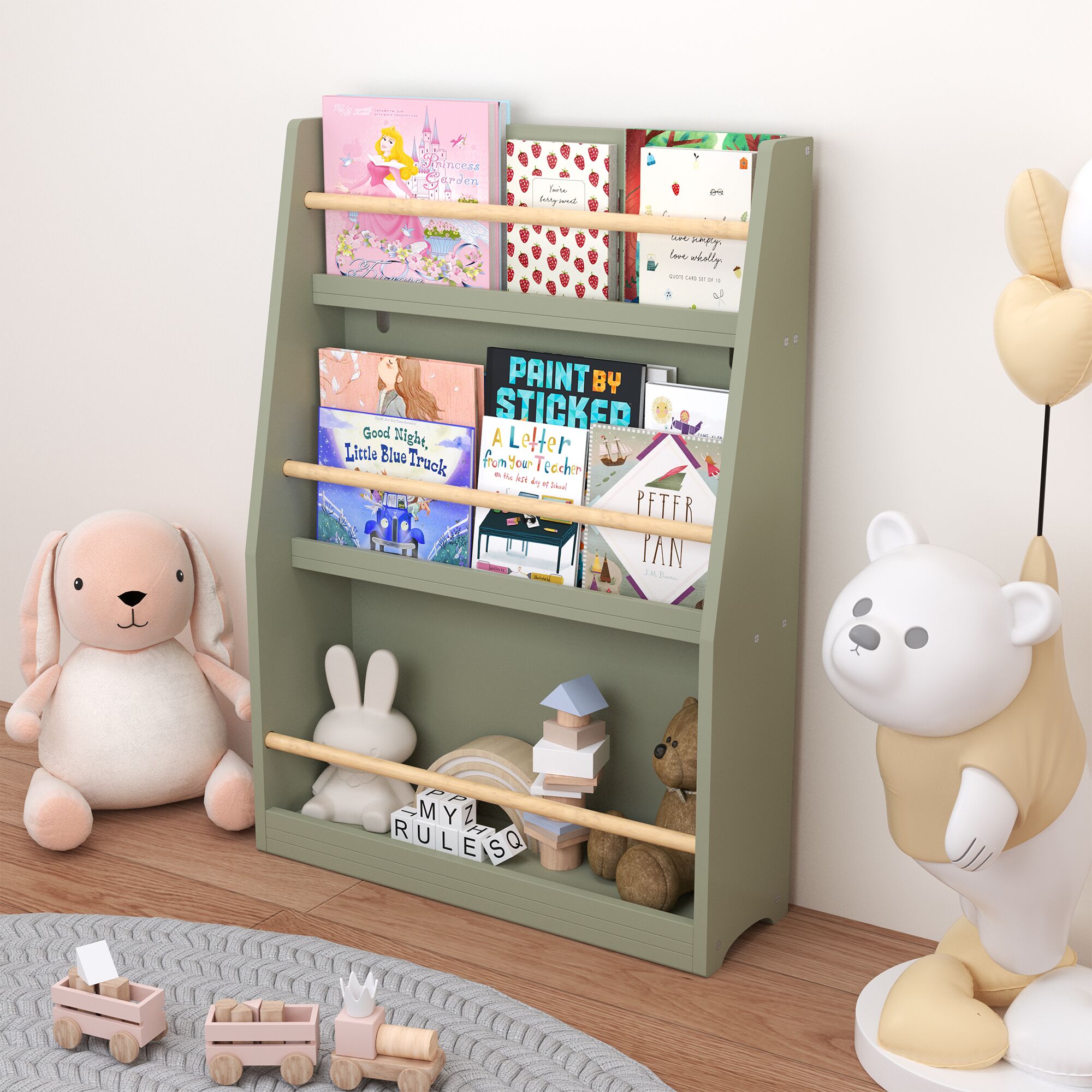 KTMBDW 3-Tier Kids Bookshelf - Wooden Bookcase Organizer Display Furniture for Kids Rooms Playroom (Green) #W808P330142