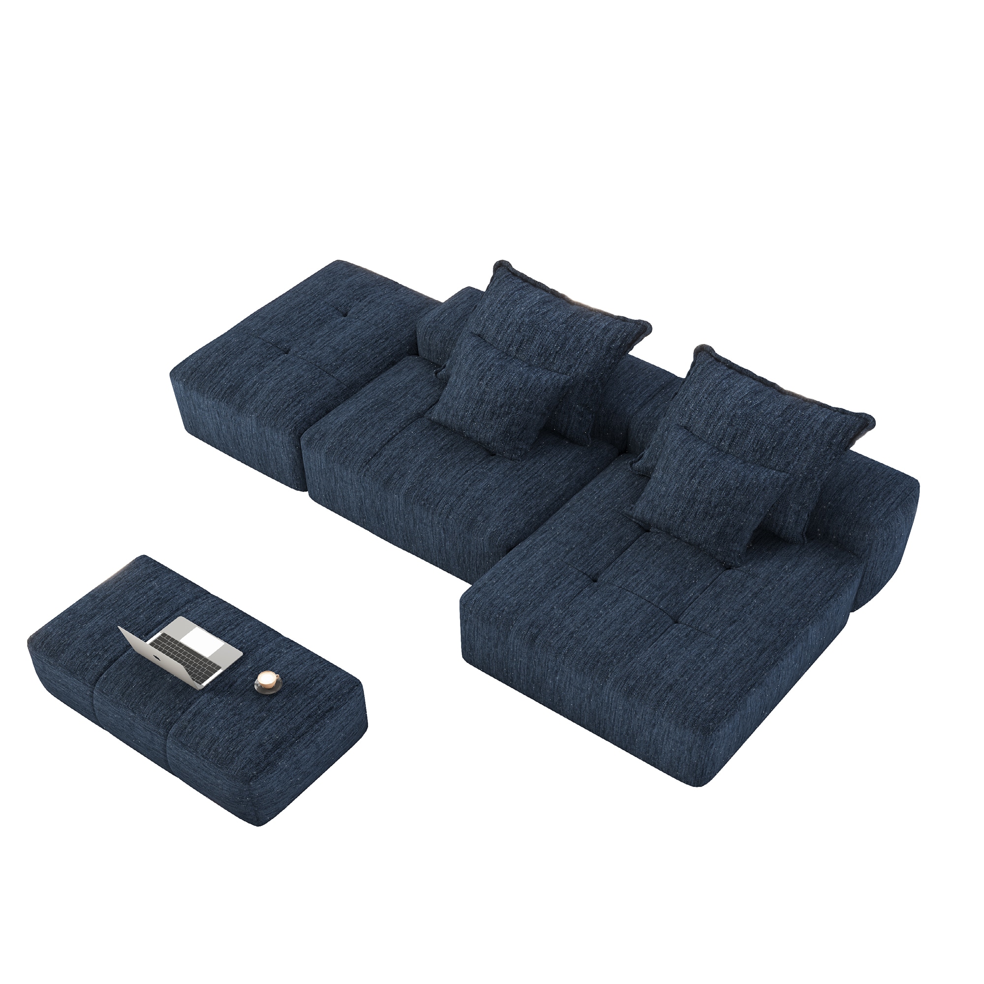 Bybafun - 127.56-in W Casual Blue Chenille 3-seater Sofa