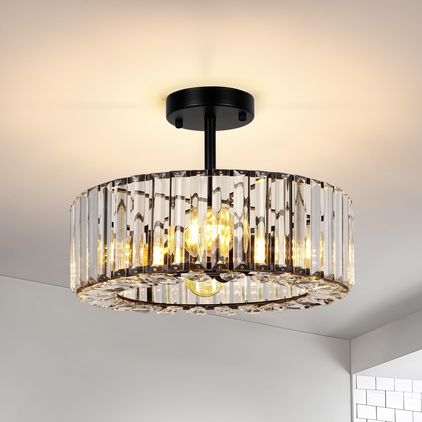 Ahfiwaso  4 Light Crystal Ceiling Light Fixture 14.56 Inch Modern Semi Flush Mount Ceiling Light Crystal Chandelier for Kitchen Bedroom Dining