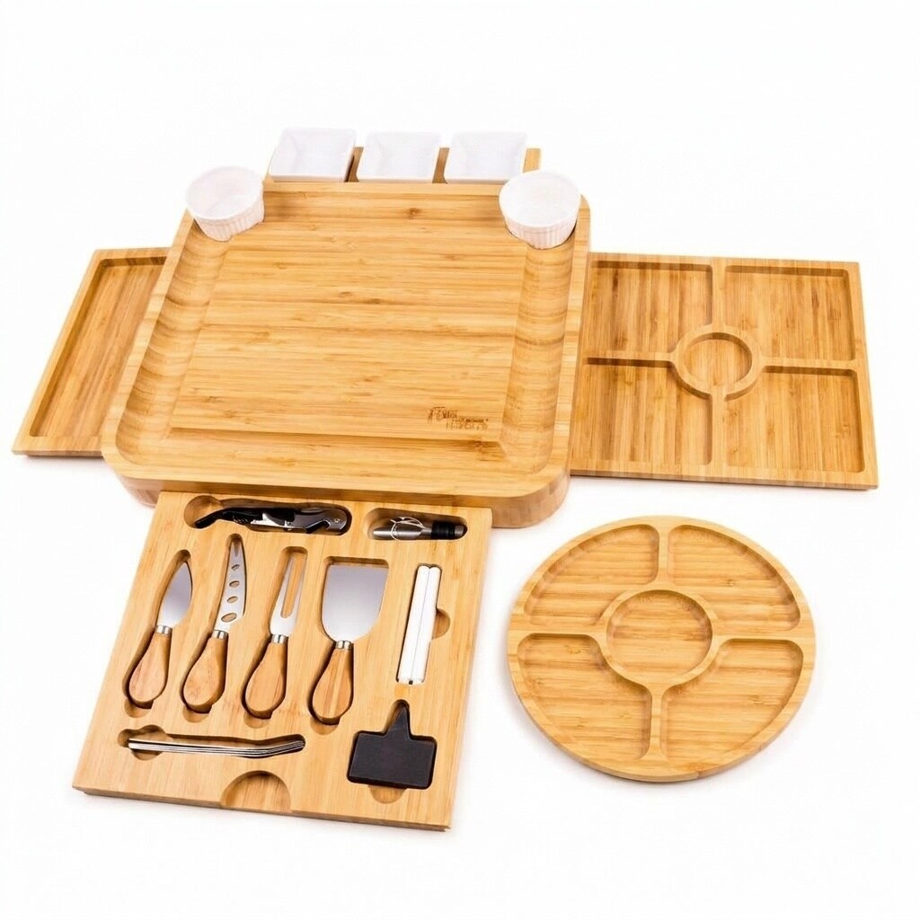 Aoibox  Bamboo Charcuterie Board Gift Set with 20 Accessories 3 Sided Drawer Design 16 x 13 8 in Cheese Board