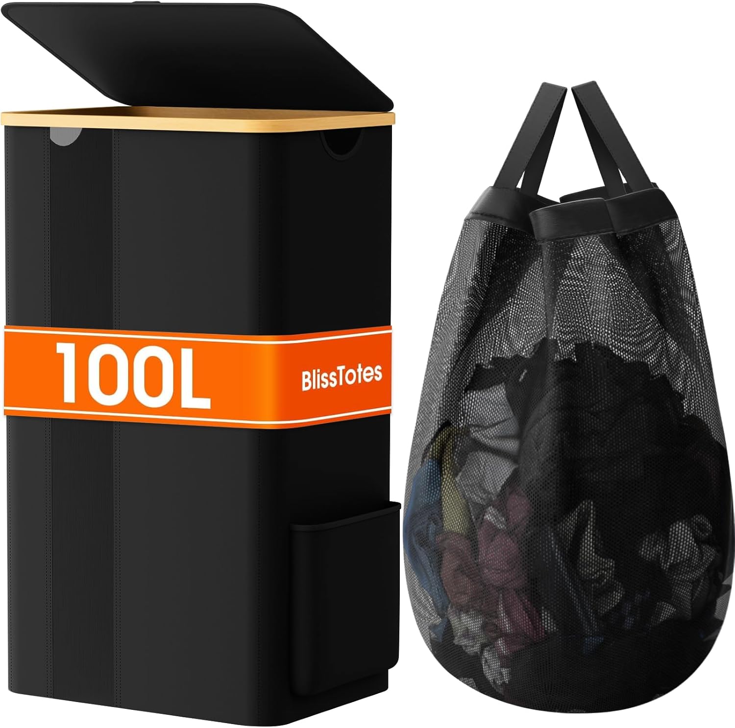 BlissTotes  100L Laundry Basket with Lid and Removable Mesh Laundry Bag Large Clothes Hamper with Breathable Mesh Window and Side Pocket for Bedroom Bathroom and Dorm 29-in Height