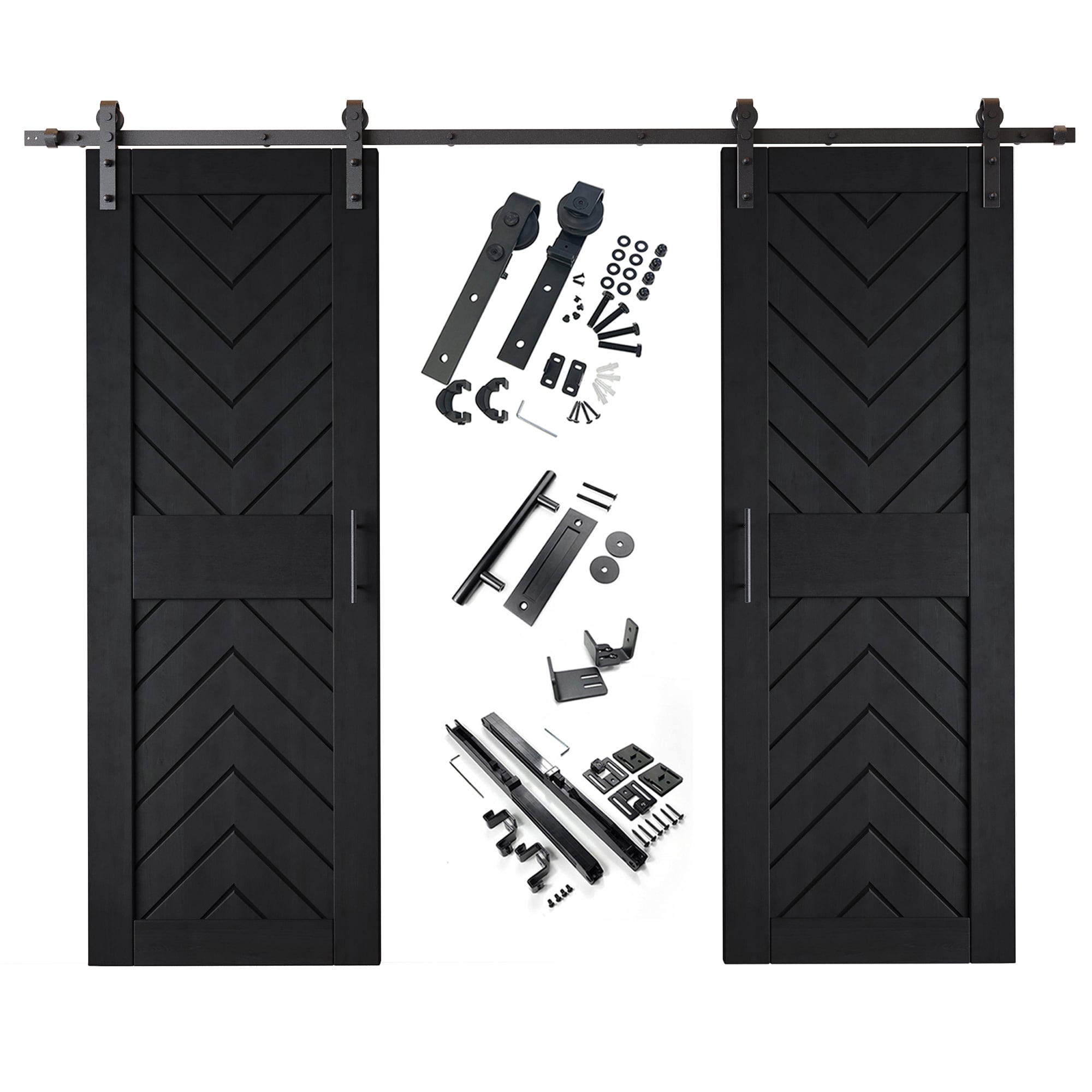 HOMACER YT2H132C-JT4-3084-BK 30-in x 84-in Black Herringbone Pine Wood Solid core Double Barn Door (Hardware Included)