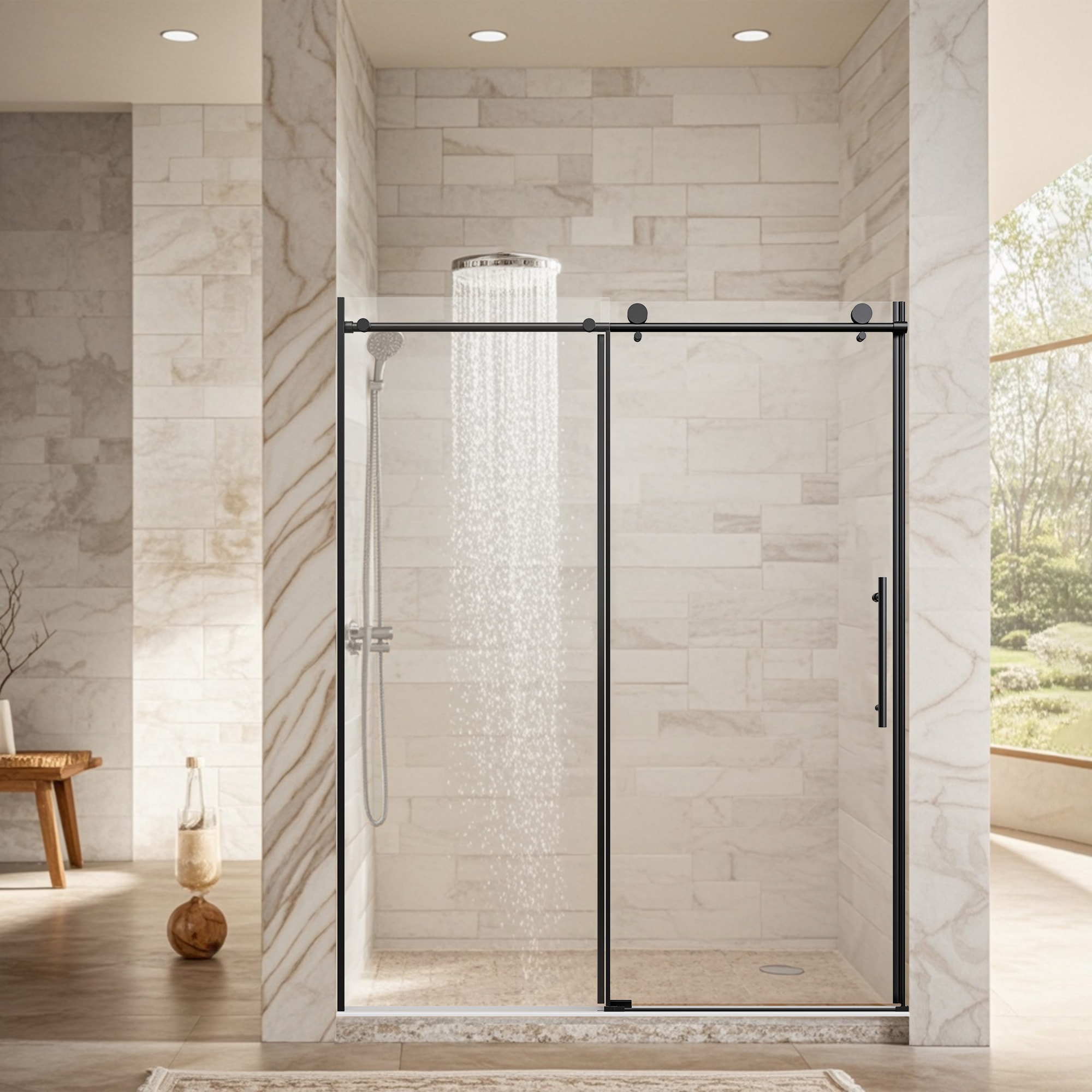 Boho Havens 56-60 Inch W 76 H Stainless Steel Round Tube Frameless Single Sliding Shower Door 1/4 Inch-thick (6mm) SGCC Clear Tempered Glass Reversible Installation Matte Black #ZC-W1552P299221