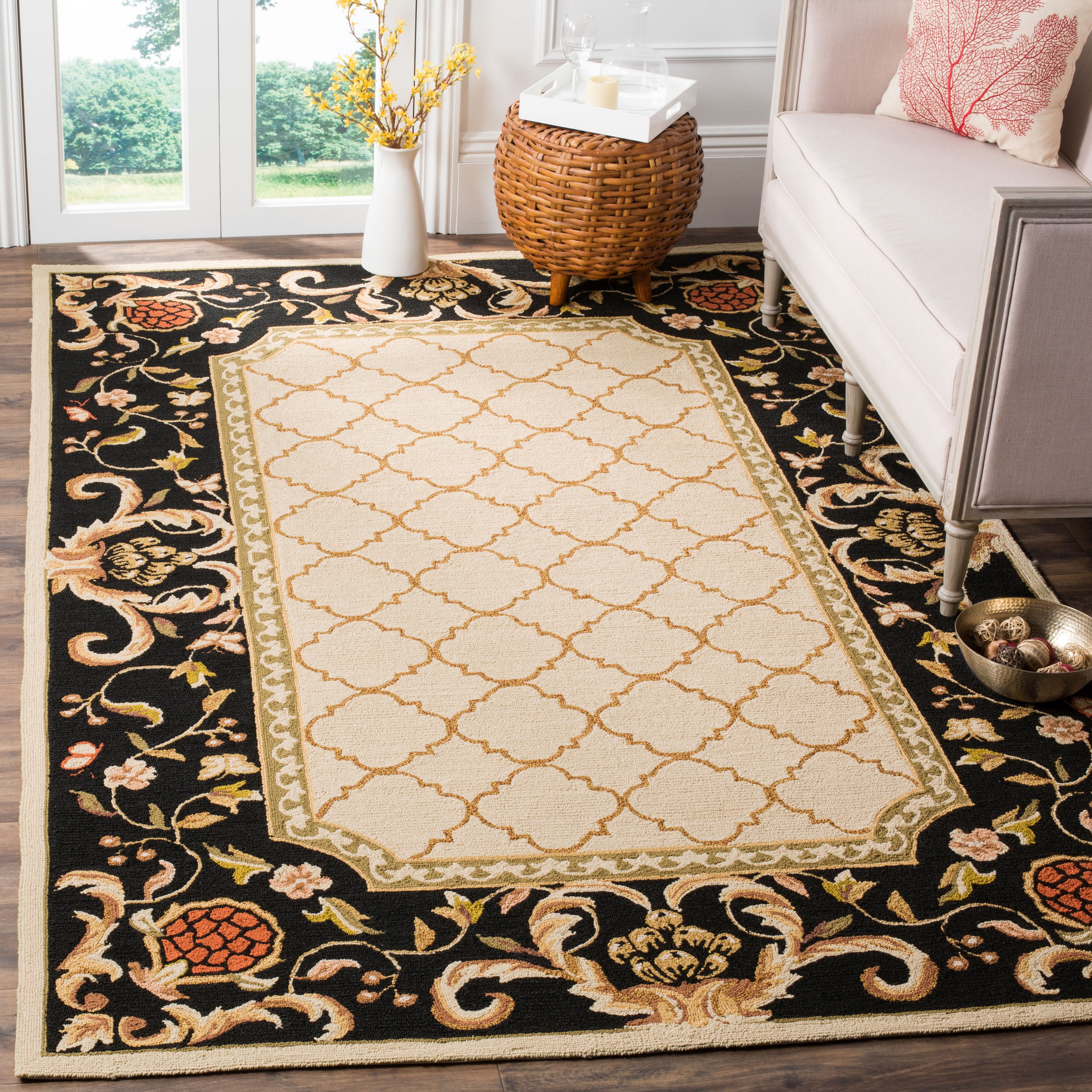 Safavieh EZC753A-3 Easy Care Alsace 3 x 5 (ft) Loomed Polypropylene Ivory/Black Rectangular Indoor Floral/Botanical Oriental Throw rug
