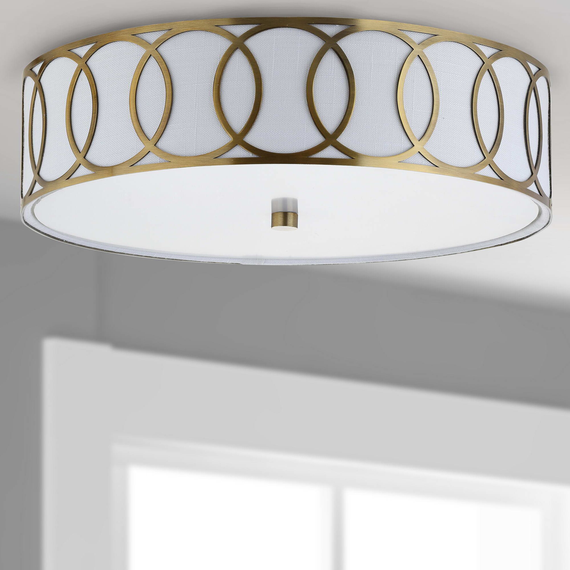Aubrey Brass Gold 15.5" Drum LED Flush Mount with Linen Shade