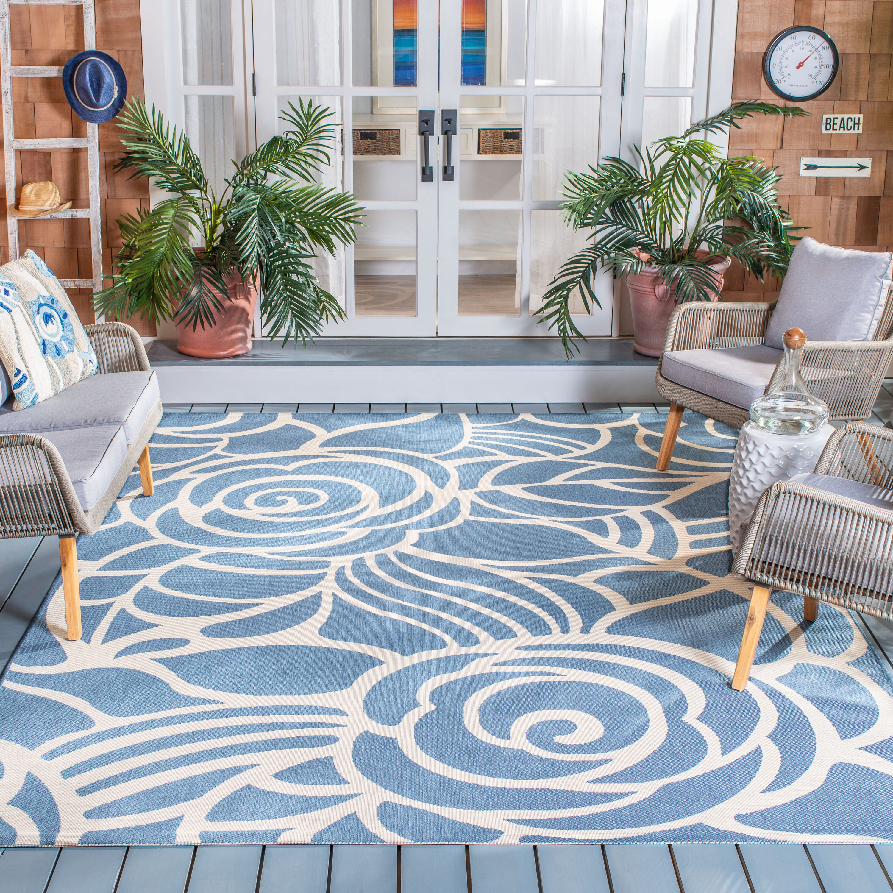 Safavieh CY5141C-3 Courtyard Loire 3 x 5 (ft) Loomed Polypropylene Blue/Beige Rectangular Indoor/Outdoor Floral/Botanical Throw rug