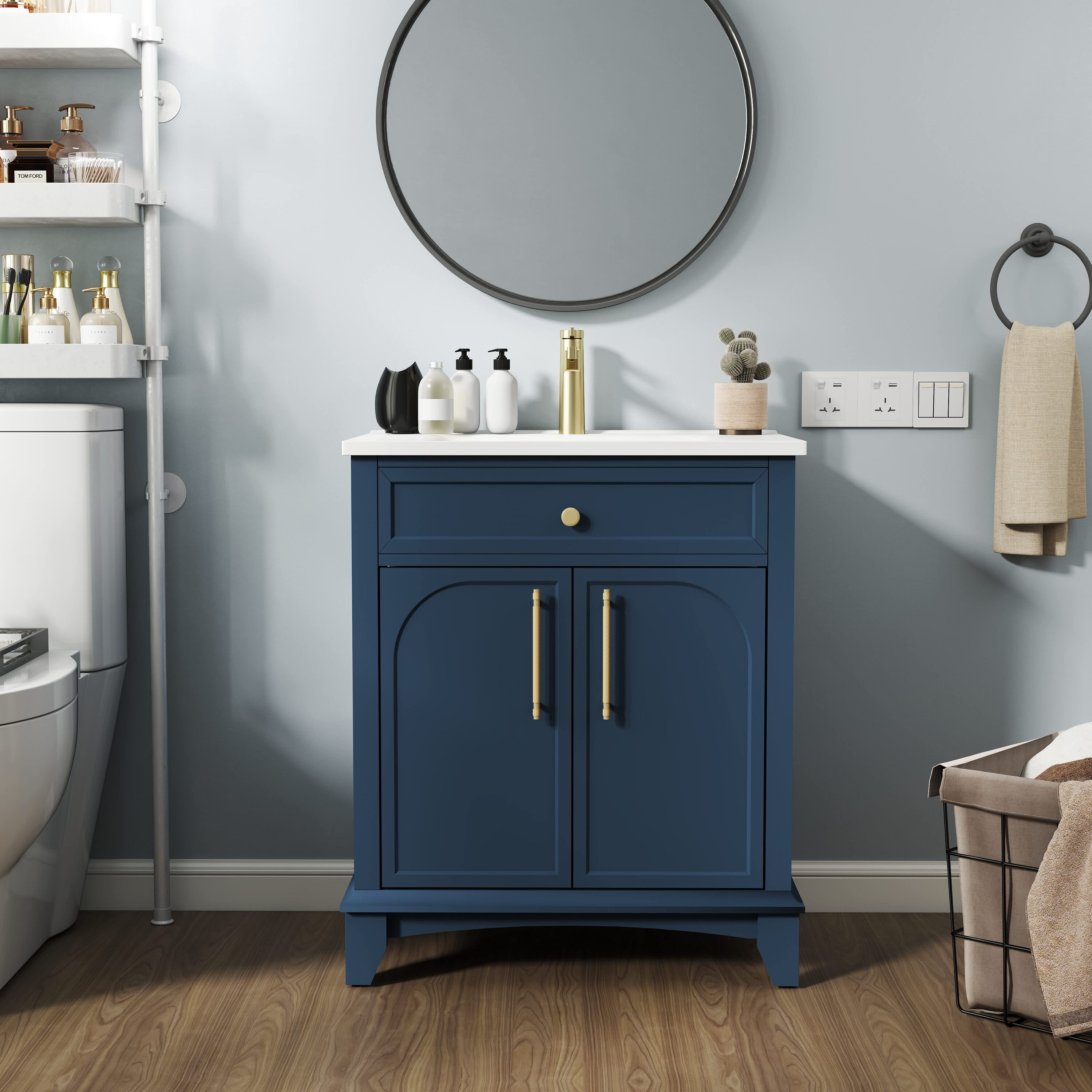 Vynxaria  28 Inch Modern Mid Century Freestanding Bathroom Vanity Sink Combo Painted Surface Storage Cabinet Drawers Vanity White