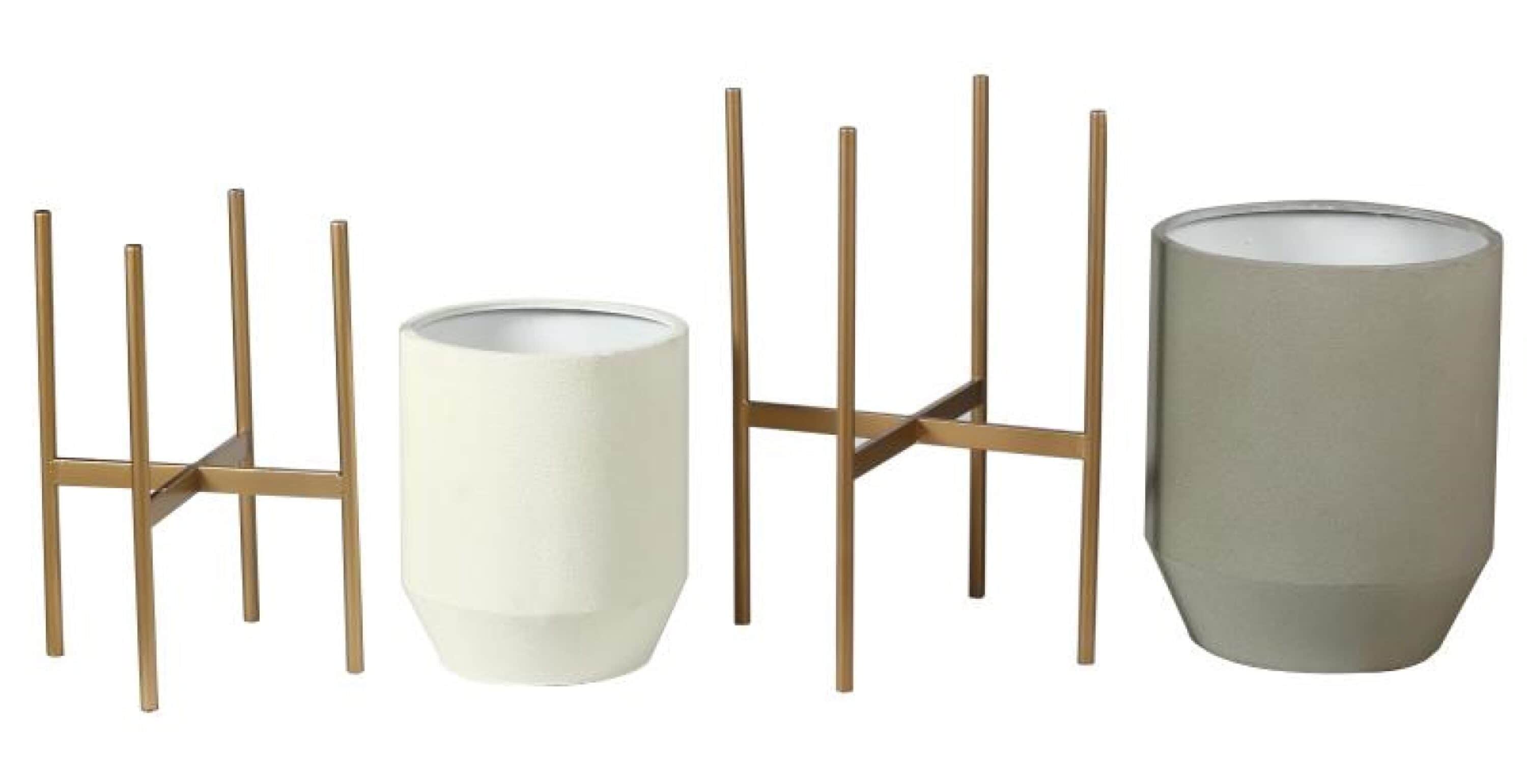 Set of 2 Gray and Off White Metal Planters with Gold Stand