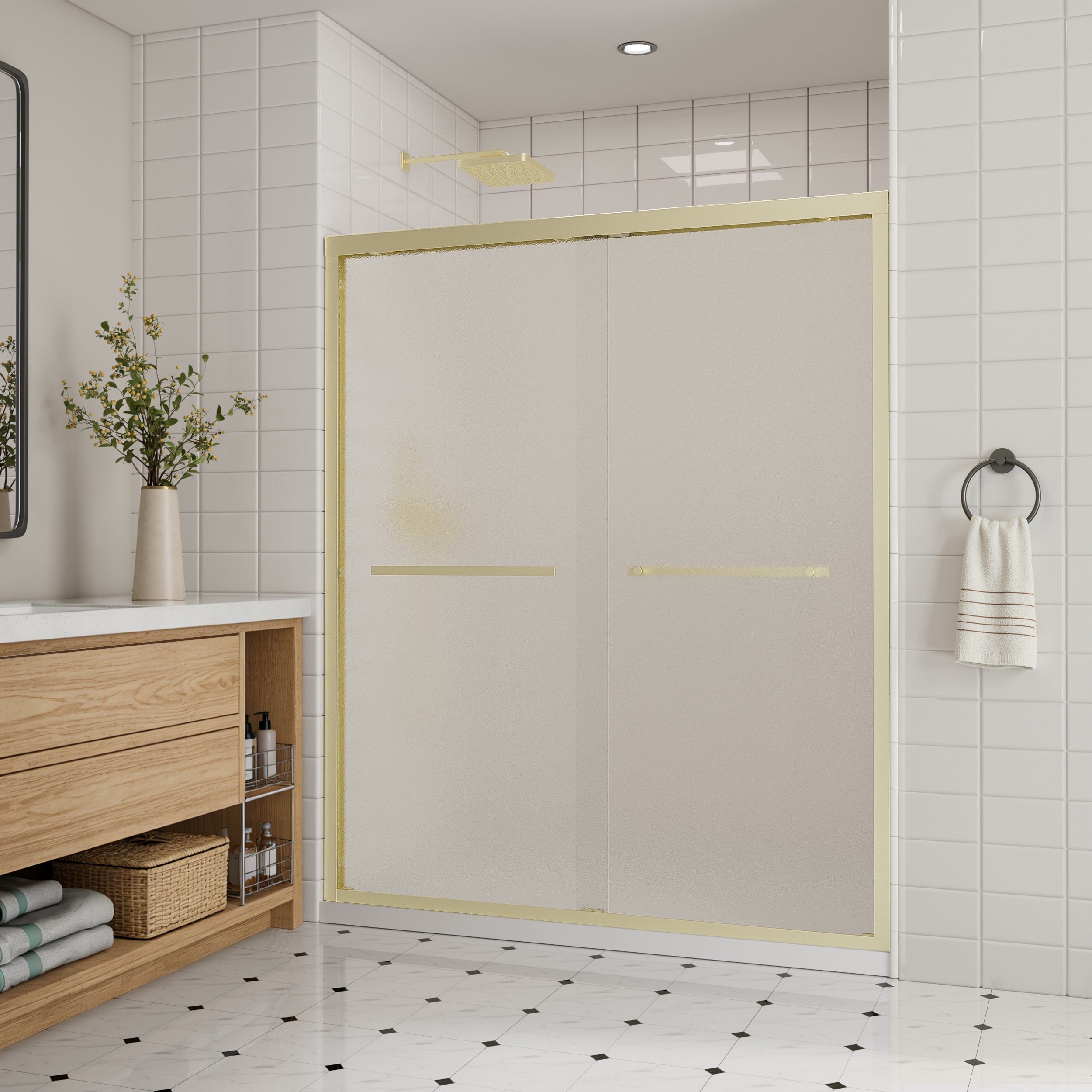 Yuaris 56-60 in. W x 72 in. H Bypass Double Sliding Framed Shower Door in Brushed Gold with 6mm Frosted Glass