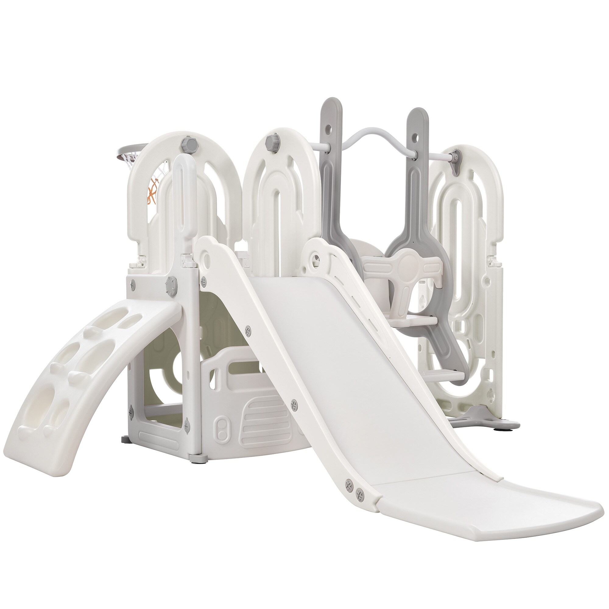 Siavonce XH26VX7 Toddler Slide and Swing Set 5 in 1, Kids Playground Climber Slide Playset with Basketball Hoop Freestanding Combination for Babies Indoor and Outdoor