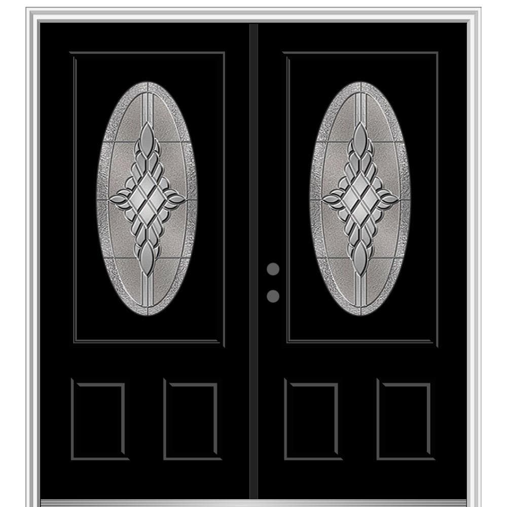 MMI DOOR ZZ366348R 72-in x 80-in x 6-9/16-in Fiberglass Oval lite Right-hand inswing Black Painted Prehung Double Front Door with Brickmould Insulating core