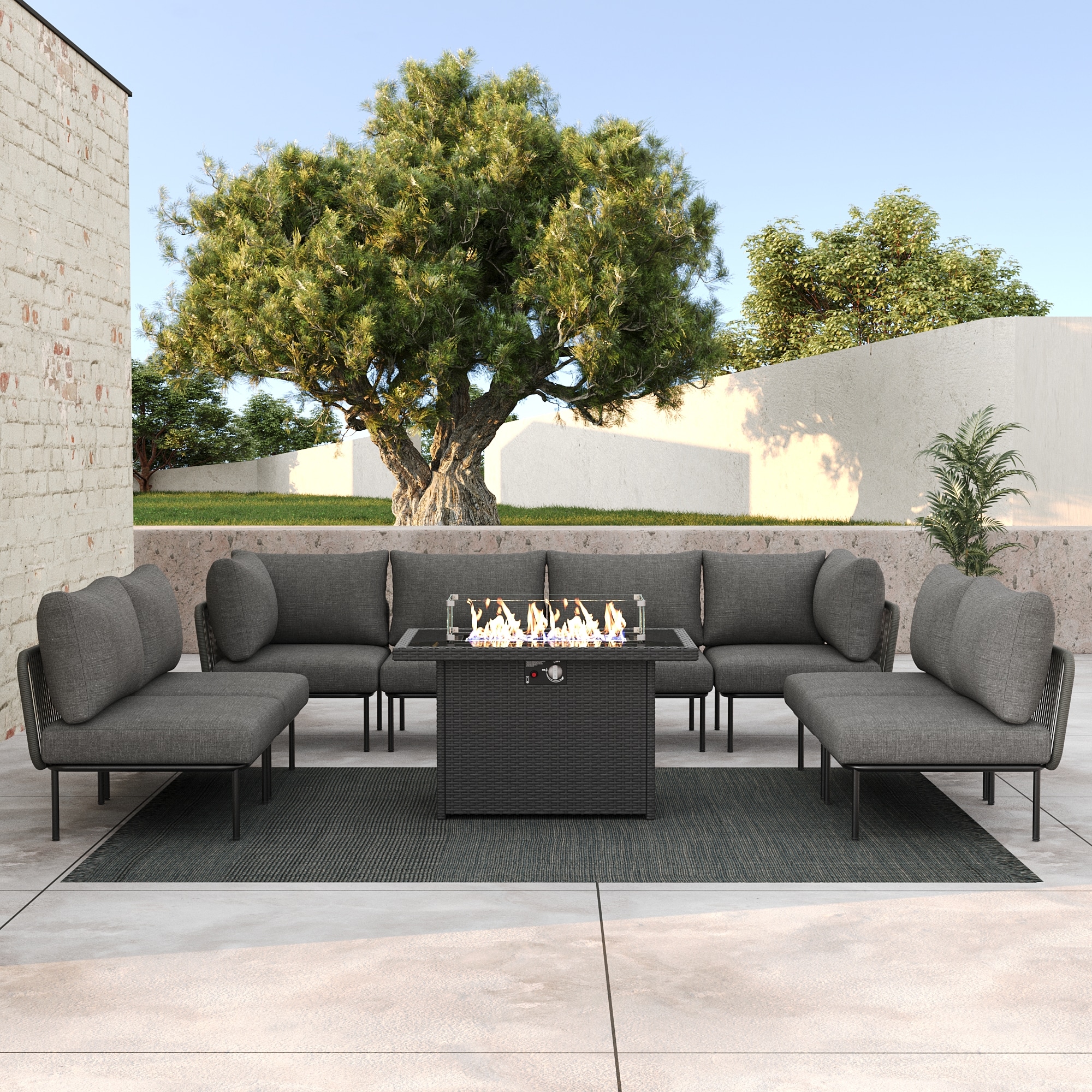 LayinSun SZ7001-FP9P-02 9 -Piece Outdoor Wicker Rope Modular Sectional Sofa Set with Fire Pit Table