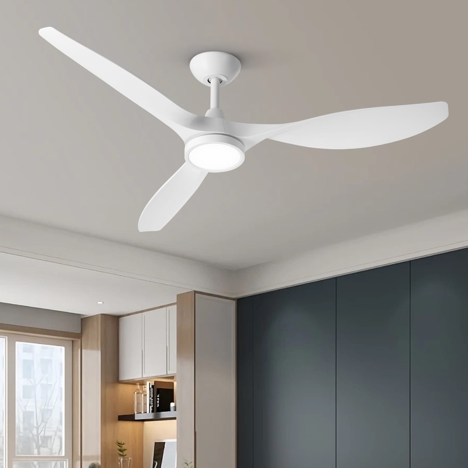 ocioc OC52-WE-3D-R3 RTHREE 52-in Integrated LED Matte White with Matte White Blades Ceiling Fan With Light - Remote Included ( 3 -Blade )