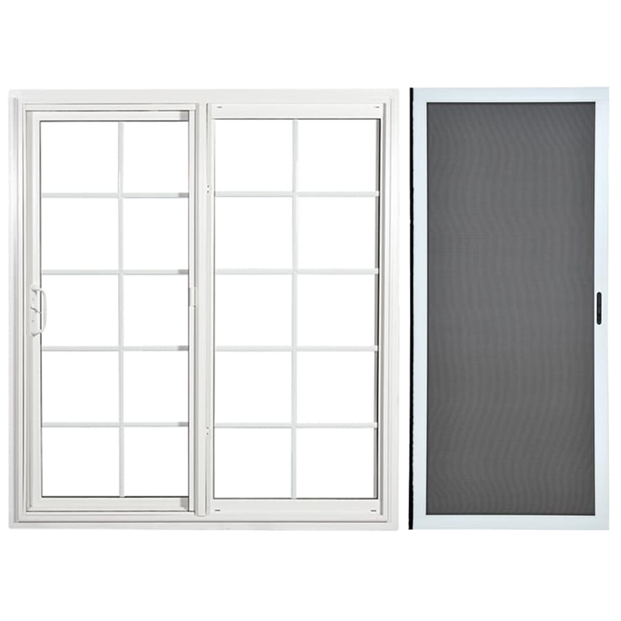 RELIABILT  72-in x 80-in Tempered Grilles Between The Glass White Vinyl Universal Sliding Patio Door with Screen