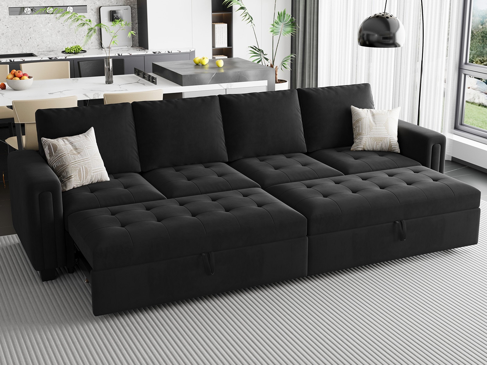 Belffin BF067-A2G-BLACK 4 Seats Modular Velvet Tufted Pull-out Sofa