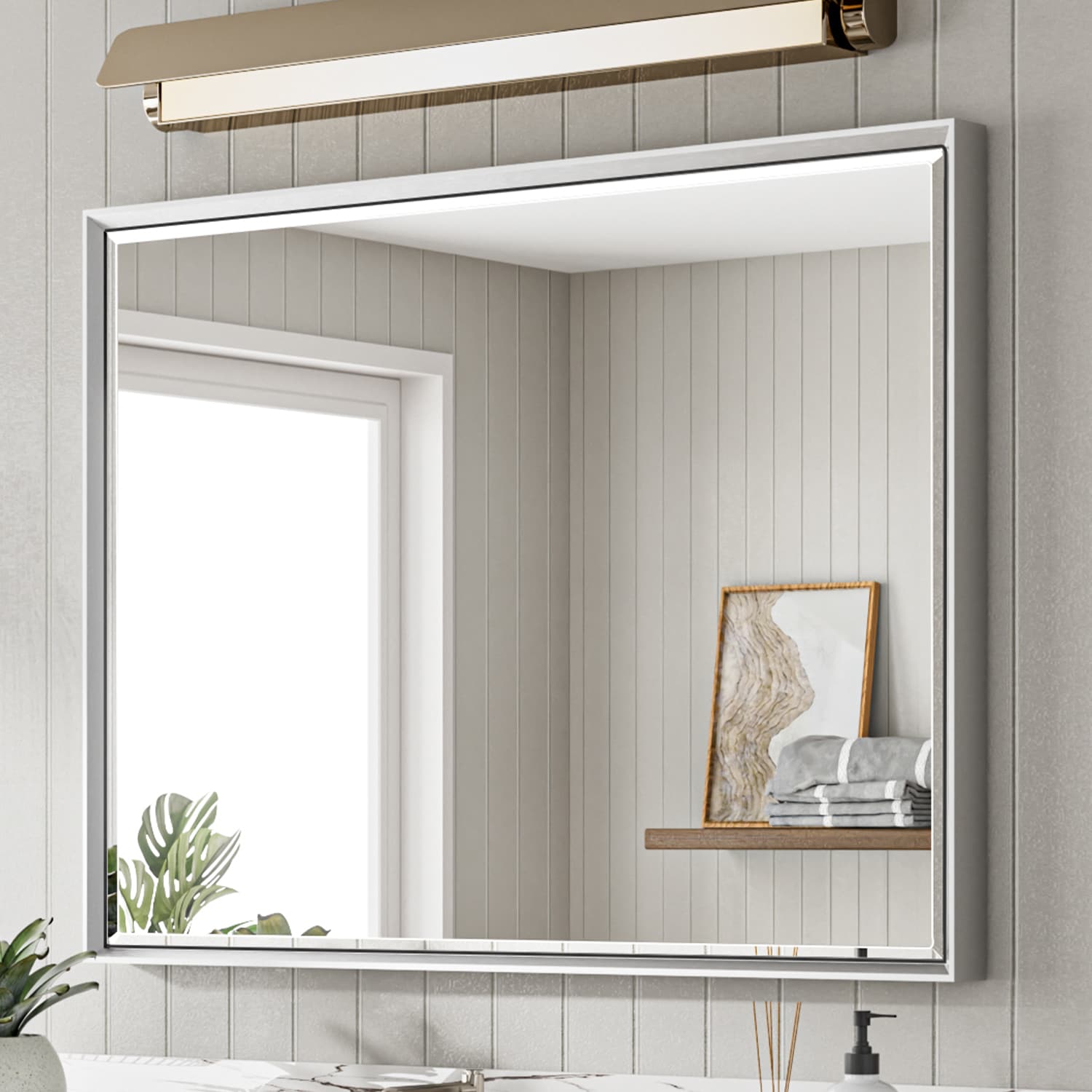 QueenFun MFMB4030BS Bathroom Mirrors 40-in x 30-in Beveled Rectangle Bathroom Vanity Mirror ( Silver )