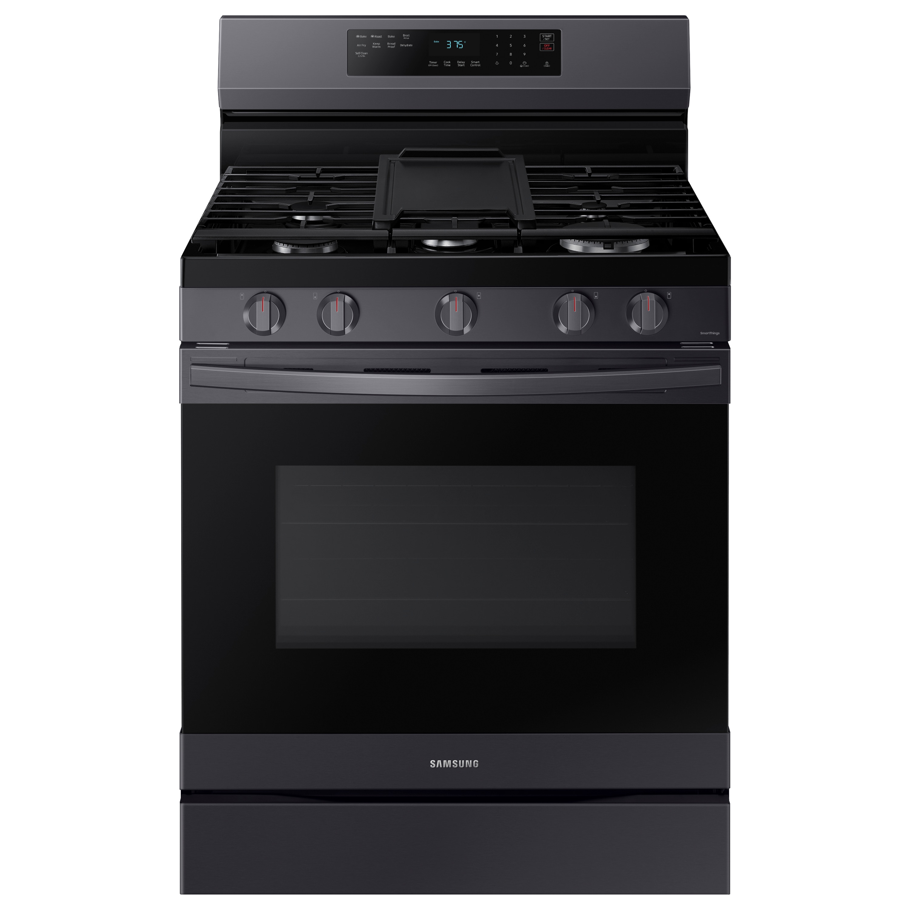 Samsung 30-in 5 Burners 6-cu ft Self-cleaning Air Fry Convection Oven Freestanding Smart Natural Gas Range (Fingerprint Resistant Black Stainless Steel)