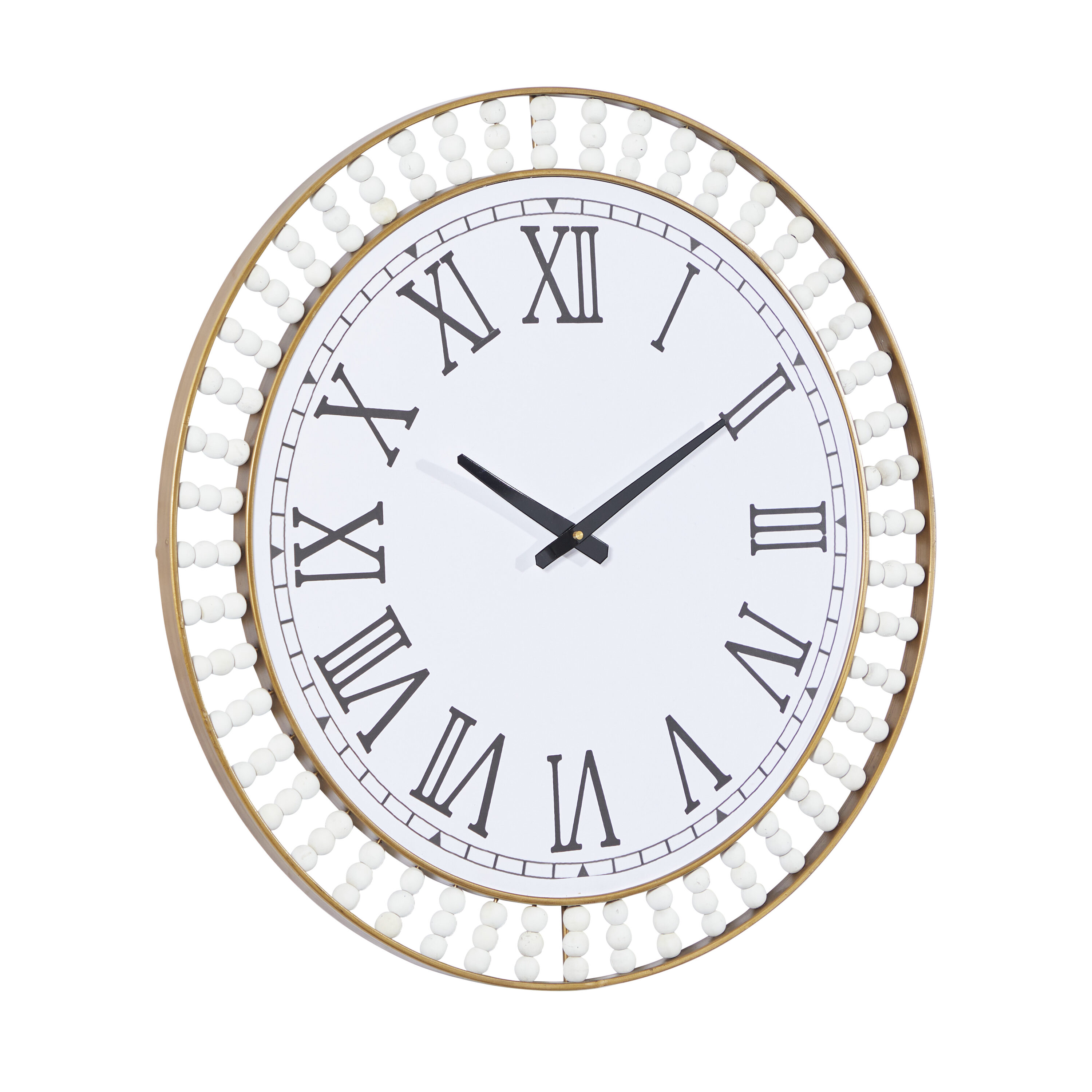 Oversized White Beaded Wall Clock with Gold Frame