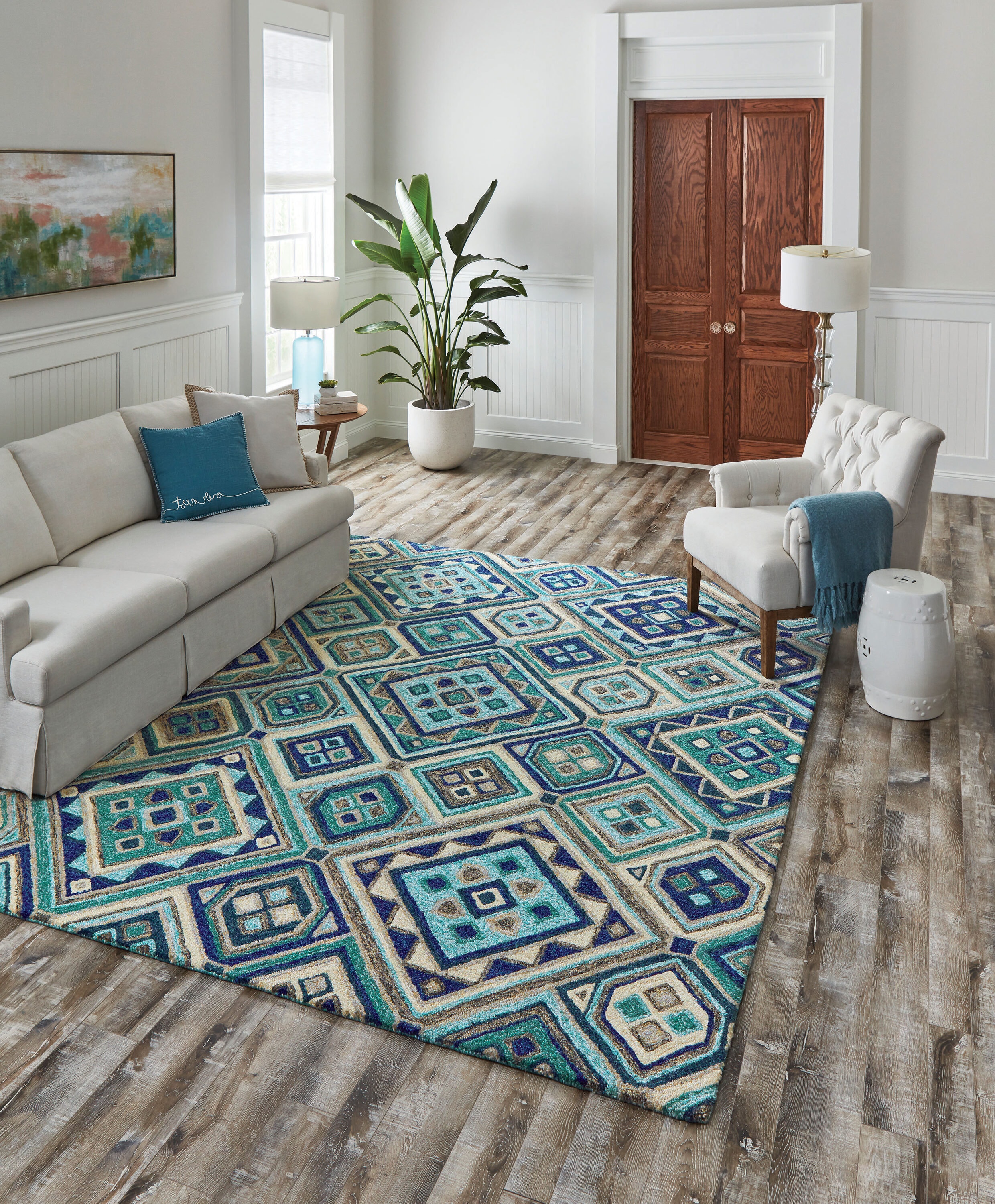 Teal Tiles 5 x 8 Teal Indoor/Outdoor Geometric Area Rug in Blue | - allen + roth with STAINMASTER 26735