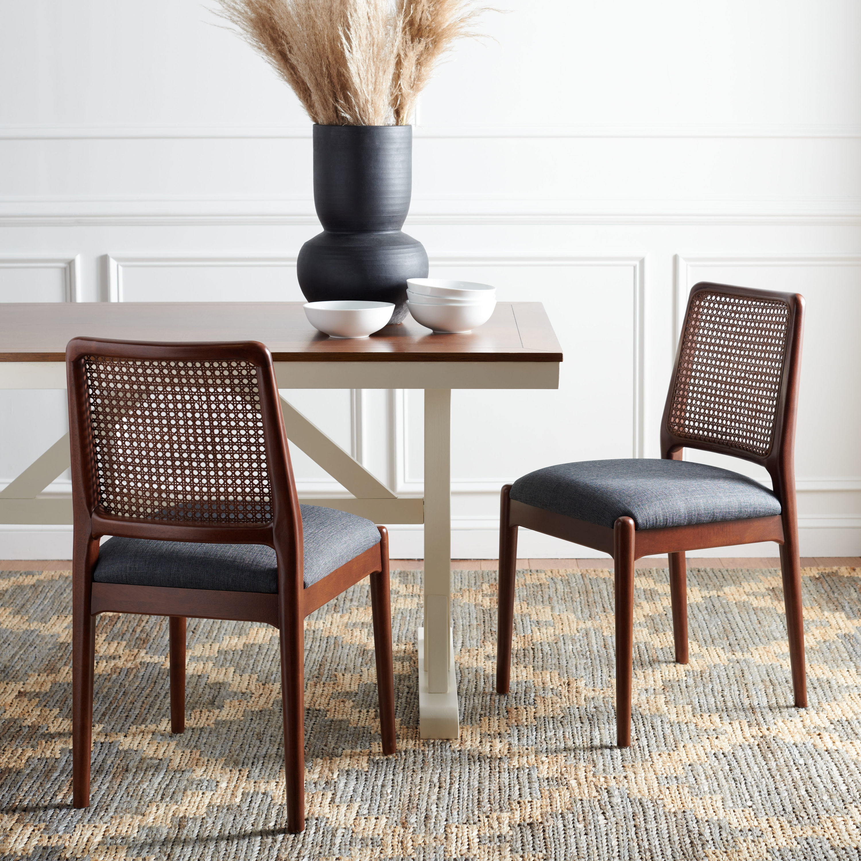 Gray Rattan and Cane Side Chair Set of 2
