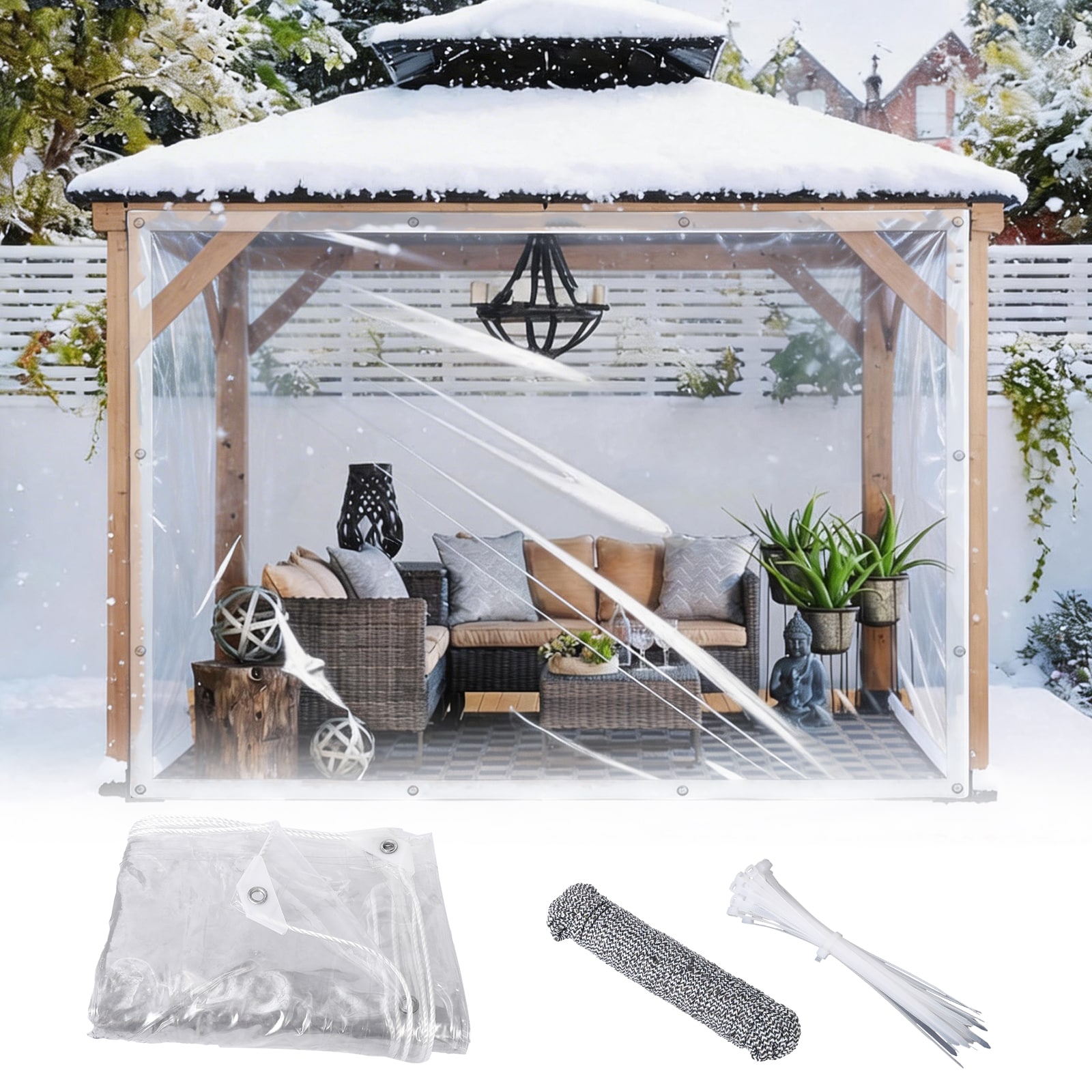 IdealHouse 10x16 Ft Heavy Duty Clear PVC Tarp/ 14 Mil Thick Transparent Waterproof Vinyl Tarpaulin/ Windproof Dustproof Rain Cover with Reinforced Grommets and Ropes/ All-Weather Protective Sheet for Greenhouse Patio Garden Outdoor Pavilion - White buckle #BZB-KNTU-T003